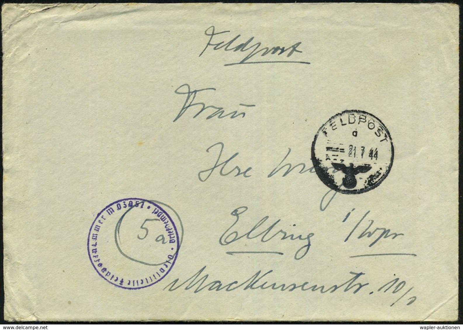 DEUTSCHES REICH /  FRANKREICH 1944 (21.7.) 1K: FELDPOST/d/--- + Viol. 1K-HdN: Feldpostnr. M 03052 = 8. Zerstörer-Flottil - Maritiem