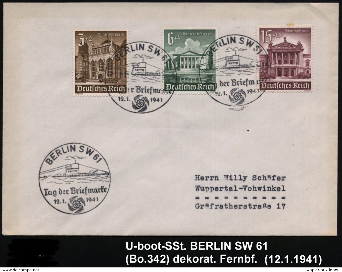 BERLIN SW 61/ Tag Der Briefmarke 1941 (12.1.) SSt = U-Boot 3x Klar Auf WHW-Frankatur, Inl.-Dpppel-Bf. (Bo.342) - UNTERSE - U-Boote