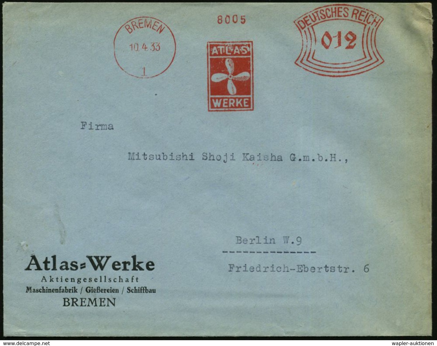 BREMEN/ 1/ ATLAS/ WERKE 1930 (10.4.) AFS 025 Pf. = Schiffsschraube (Firmen-Logo) Ausl.-Firmen-Bf.: Atlas-Werke/AG/ Masch - U-Boote