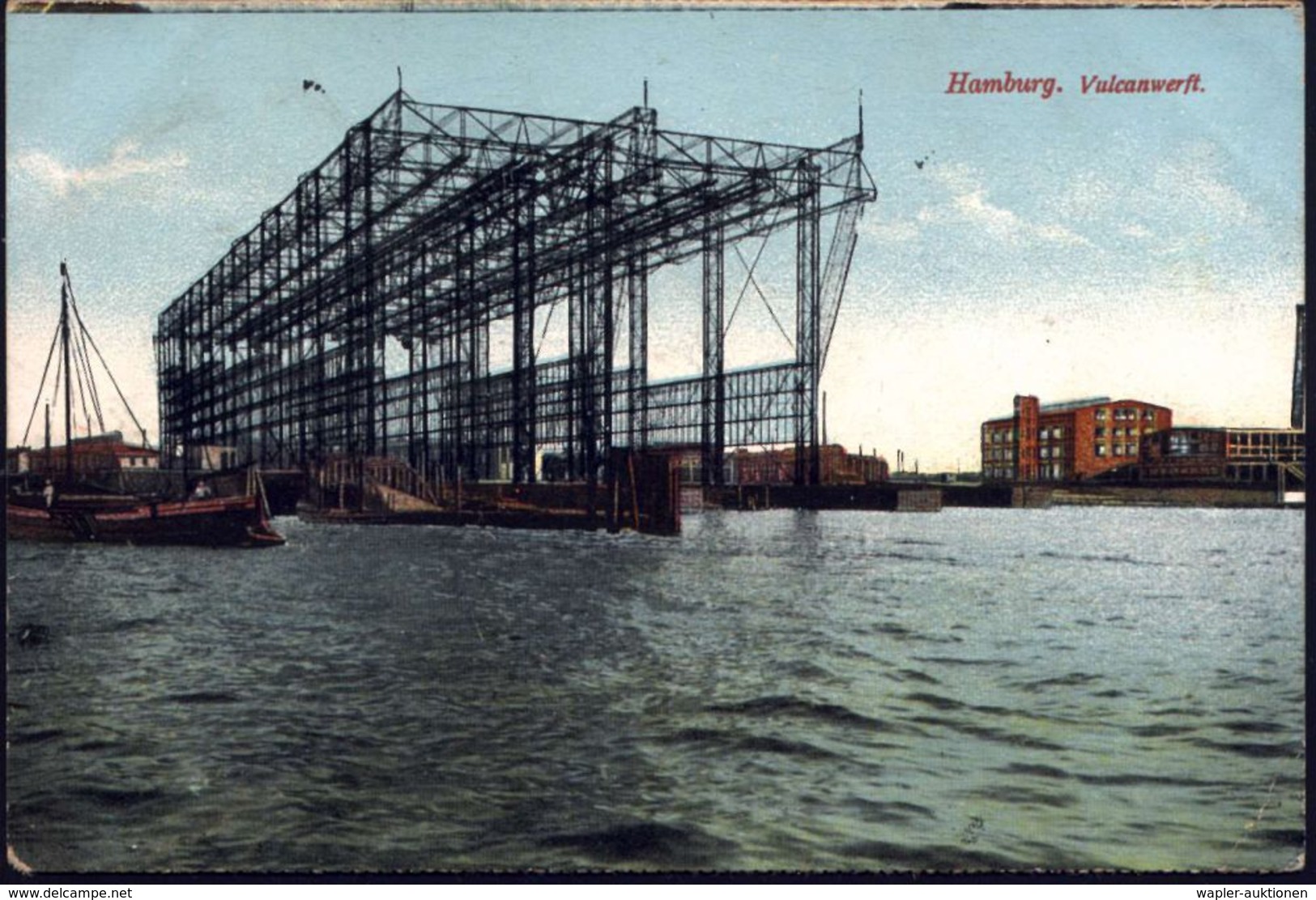 Hamburg 1915 (24.8.) Color-Ak.: Vulcanwerft = Spezialisiert Auf U-Boot-Bau, + Viol. 1K-HdN: Marinelazarett Hambg., Feldp - U-Boote