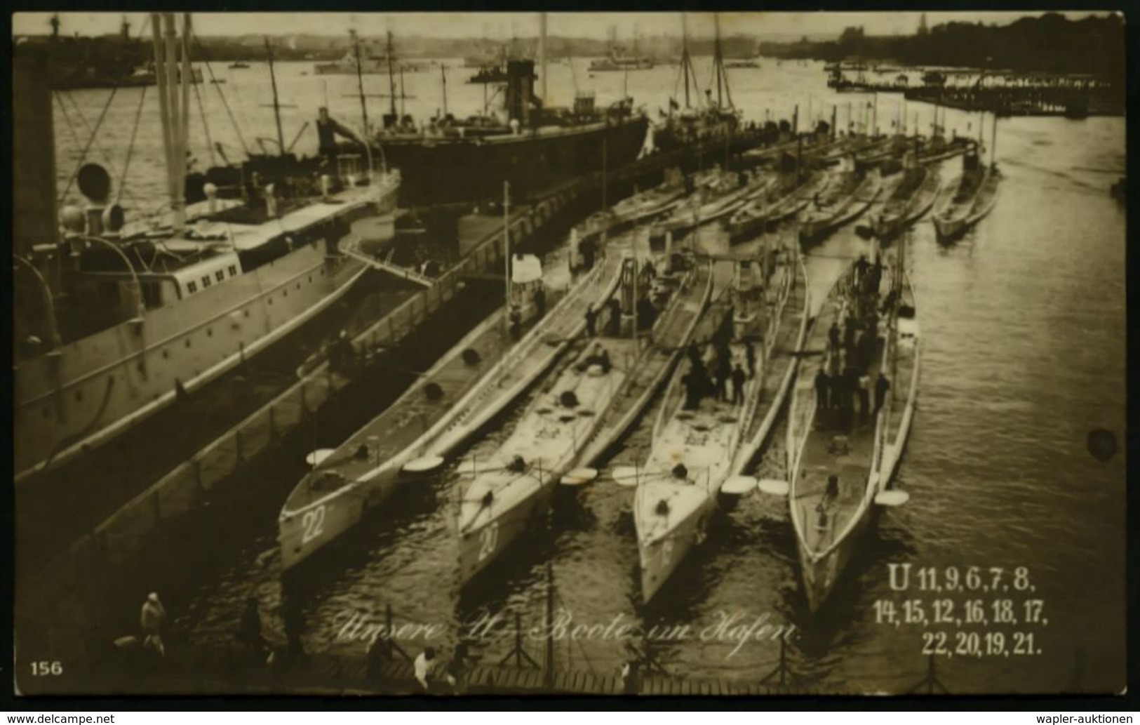 Kiel 1915 (24.12.) Stummer Bd.MaSt Ohne Ort = Tarnstempel Kiel , Monochrome Foto-Ak.: "Unsere U-Boote Im Hafen" = U 22,  - Duikboten