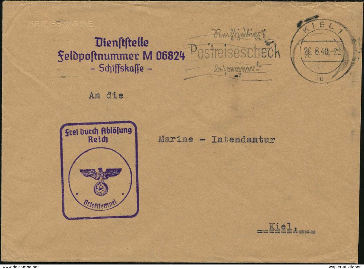 Kiel 1 1940 (26.6.) MWSt.: KIEL 1/u/Rechtzeitig/Postreisescheck/besorgen! + Viol. Abs.-3L.: ..Feldpostnummer M 06824 + A - Sous-marins