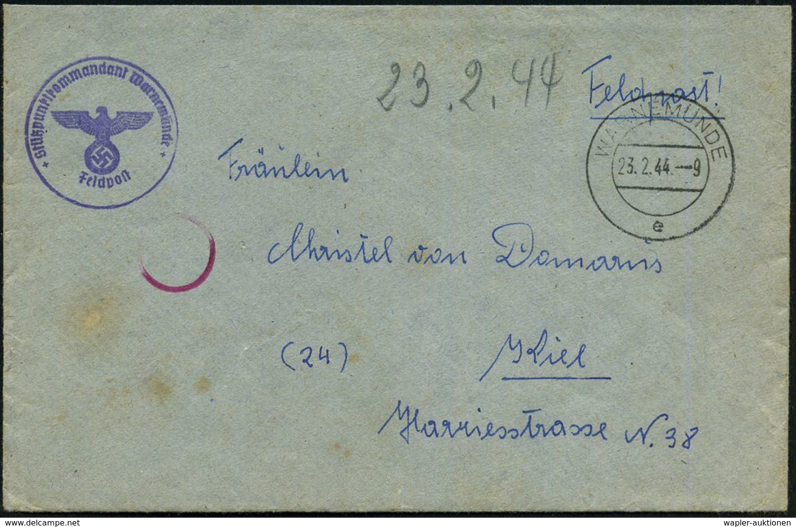 SWINEMÜNDE/ E 1944 (23.2.) 2K-Steg + Viol. 1K-HdN: Stützpunktkommando Warnemünde + Rs. Hs. Abs.: "..Stü. Ko. Warnemünde  - Duikboten