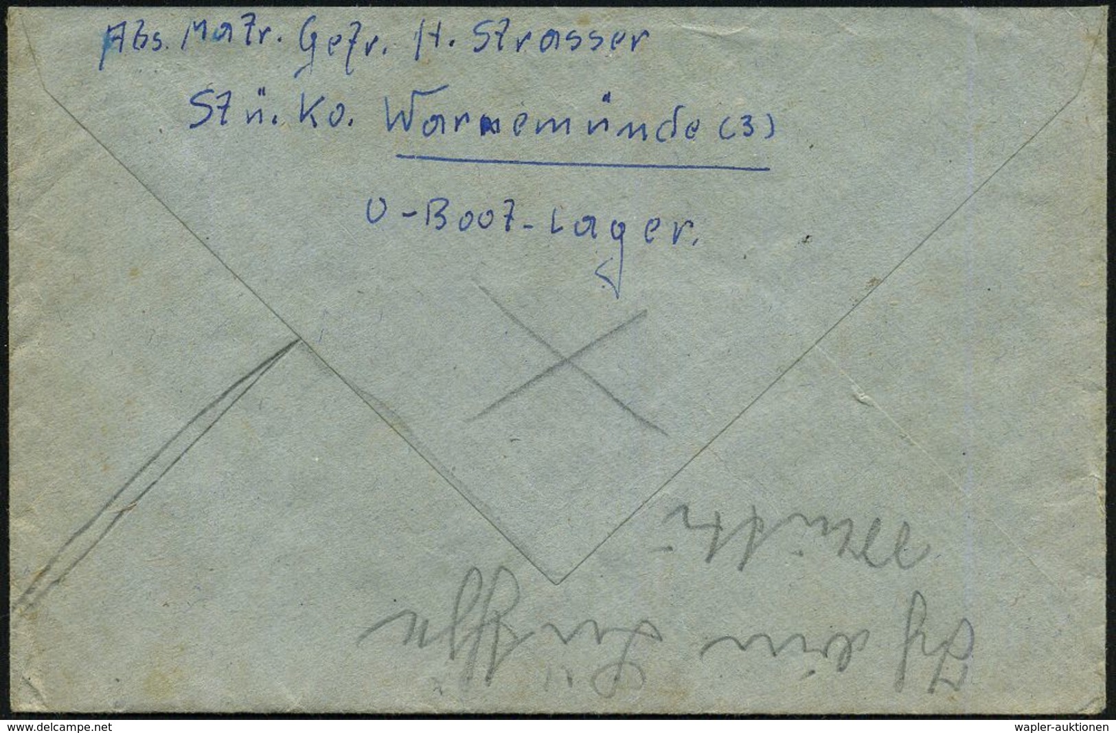 SWINEMÜNDE/ E 1944 (23.2.) 2K-Steg + Viol. 1K-HdN: Stützpunktkommando Warnemünde + Rs. Hs. Abs.: "..Stü. Ko. Warnemünde  - Duikboten