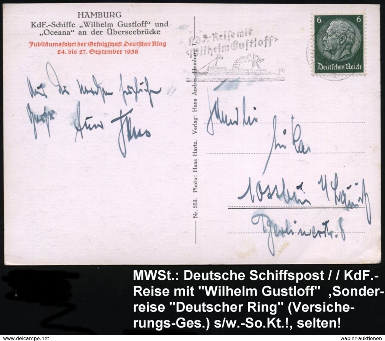 DEUTSCHES REICH 1938 (27.9.) 1K-BPA: DEUTSCHE SCHIFFSPOST/a/KdF-Reise Mit/"Wilhelm Gustloff" = Abb. Schiff! , S/w.-Sonde - Sottomarini