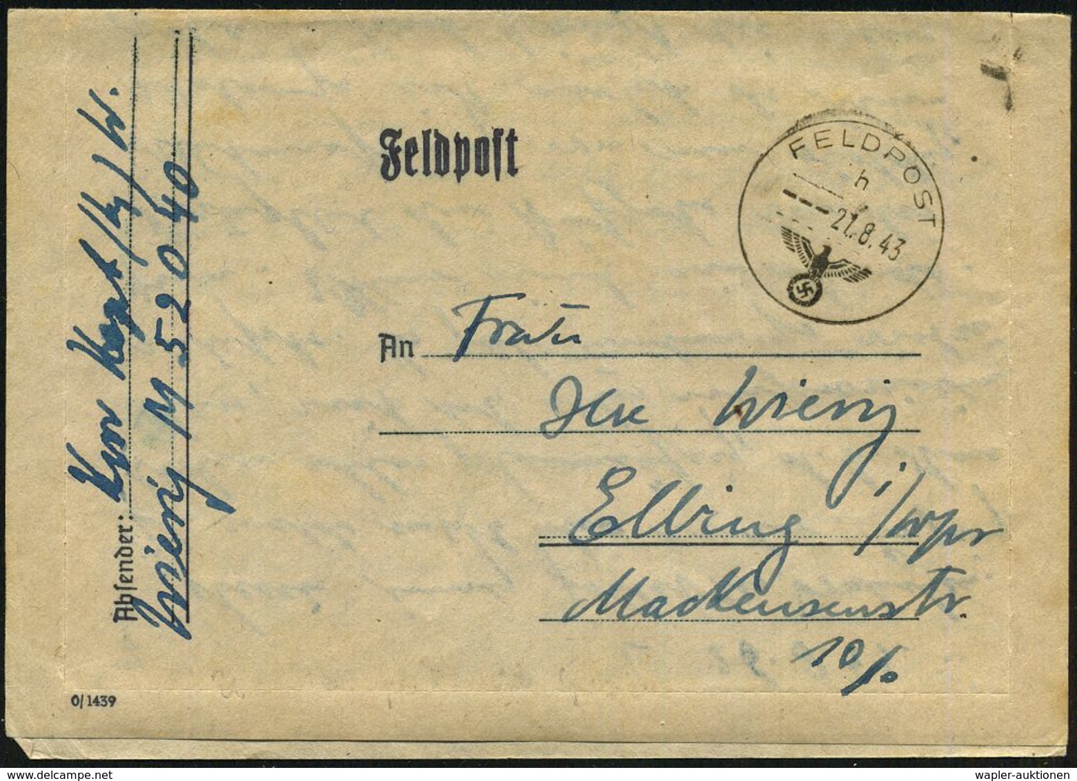 DEUTSCHES REICH /  ITALIEN 1943 (21.8.) 1K: FELDPOST/h/--- + Hs. Abs.: "Korv.(etten) Kap(i)t(än).. M 52040" = U-Boot-Stü - Duikboten