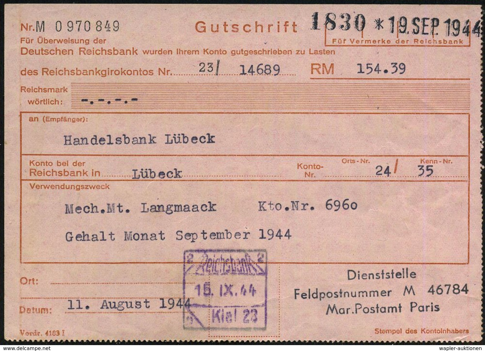 DEUTSCHES REICH /  FRANKREICH 1944 (11.8.) Viol. 3L: ... Feldpostnr. M 46784/ Mar. Postamt Paris = Kommando 29. U-Boot-F - Submarinos