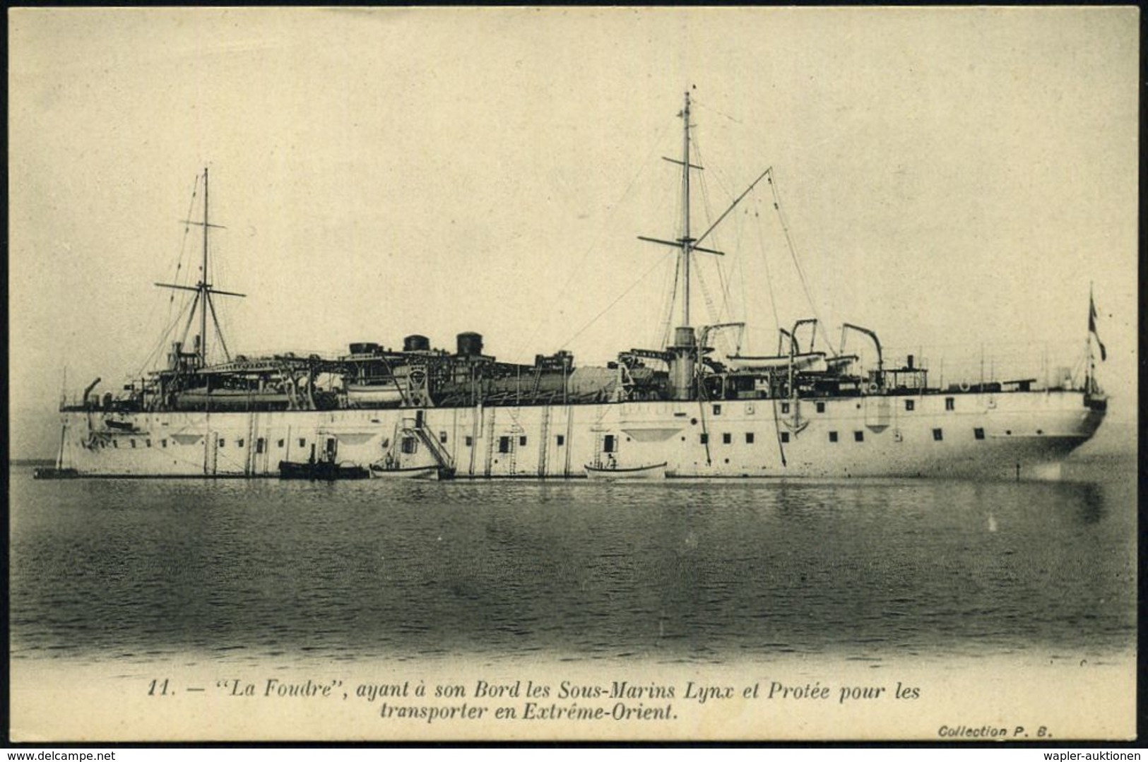 FRANKREICH 1920 (?) S/w.-Foto-Ak.: Kriegsschiff "La Foudre" (1895-1921) Als Transporter Für U-Boote (nach Dem Fernen Ost - Sottomarini