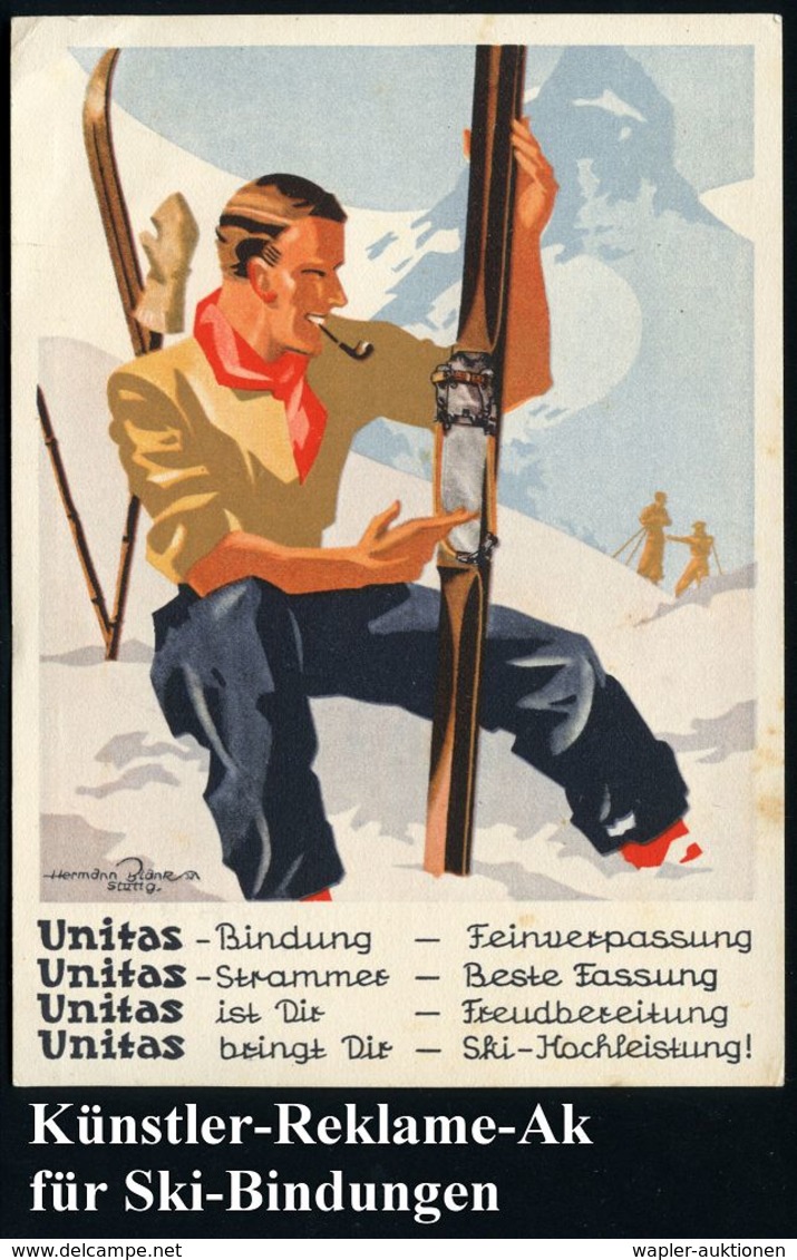 DEUTSCHES REICH 1936 (18.9.) Color-Künstler-Reklame-Ak.: Unitas (Ski)-Bindung.. = Skiläufer Mit Ski U. Pfeife Etc. (sign - Inverno