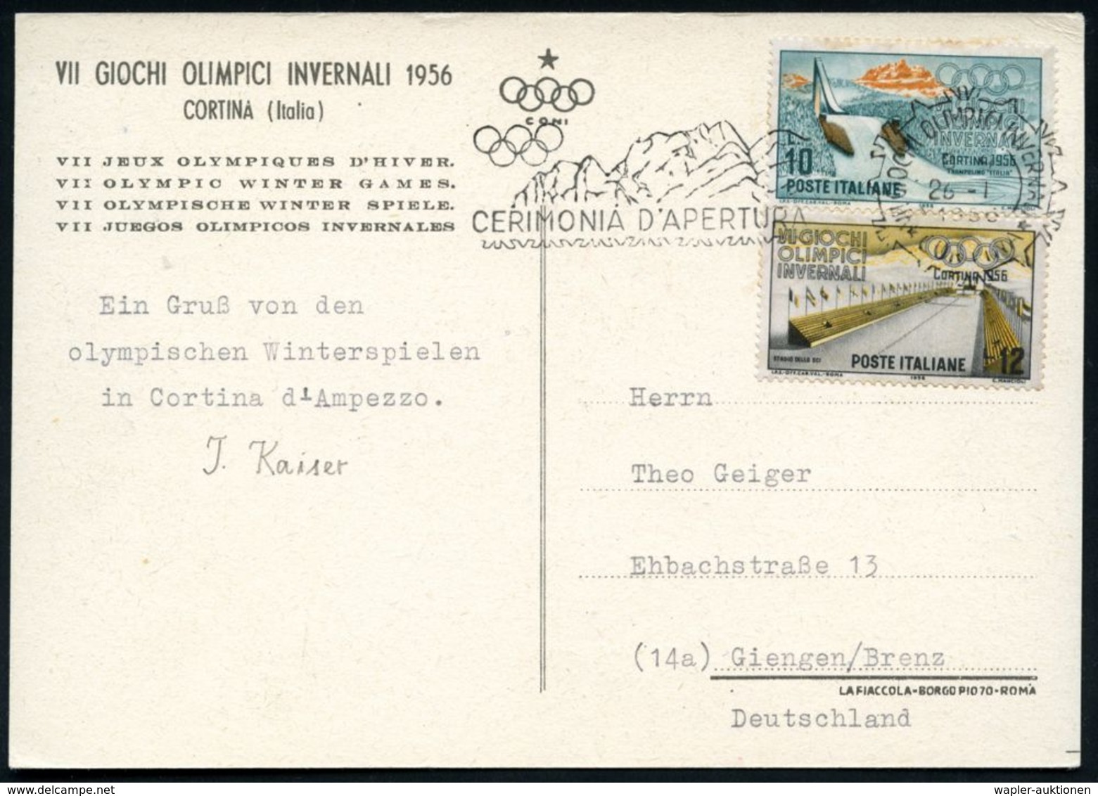 ITALIEN 1956 (26.1.) MaWSt.: CORTINA/ VII. GIOCHI OLIMPICI INVERNALT/ CEROMONA D'APERTURA = Eröffnung Olymp. Winterspiel - Hiver