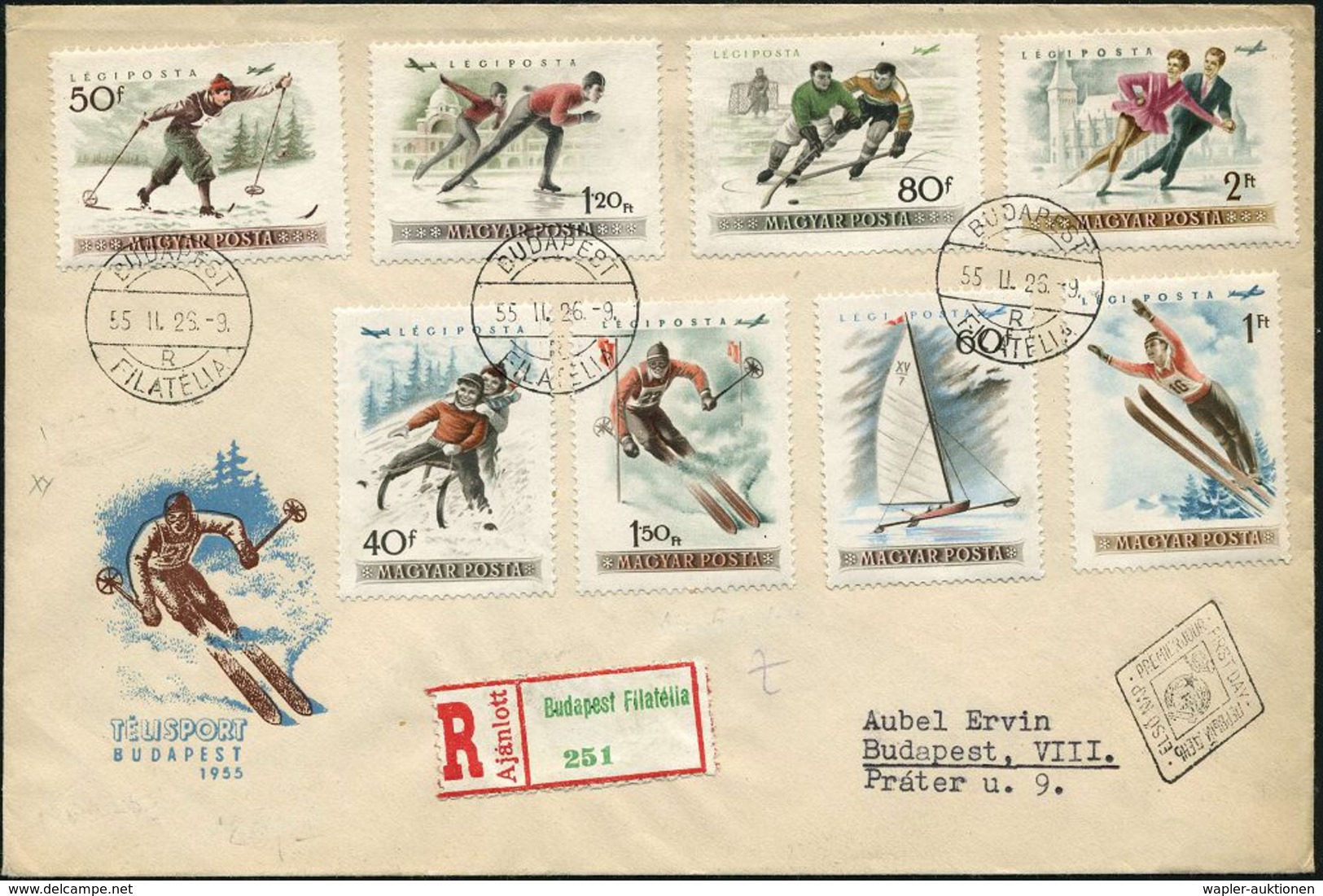 UNGARN 1955 (26.2.) Wintersport/EM Eiskunst U. Eistanz, Kompl. Satz = Skisport (und Div. Wintersportarten) + SRZ: Budape - Hiver