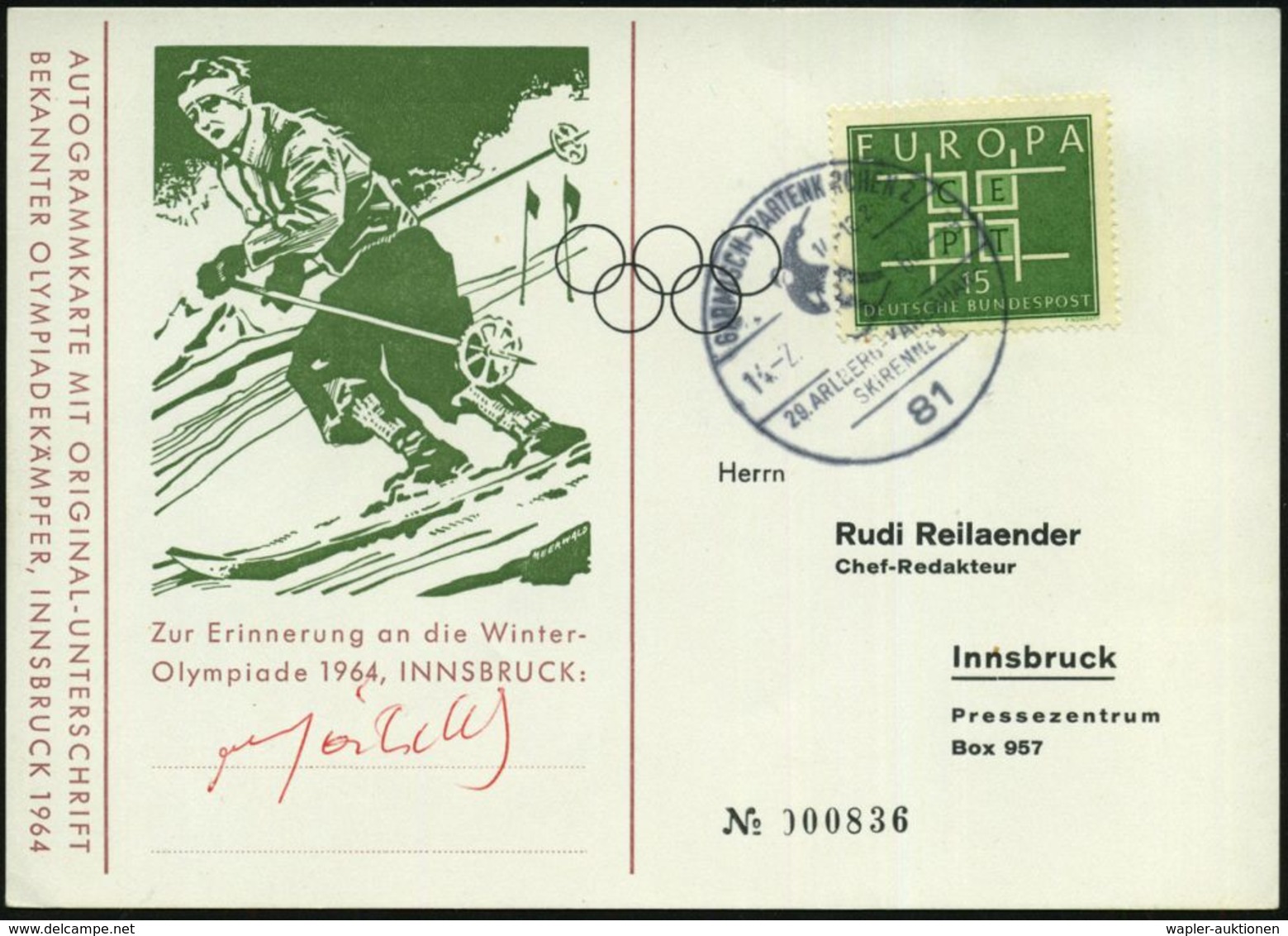 81 GARMISCH-PARTENKIRCHEN 2/ 29.ARLBERG-KANDAHAR-/ SKIRENNEN 1964 (14.2.) SSt = Abfahrtsläufer, Motiv-ähnl. Sonder-Kt.:  - Skiing