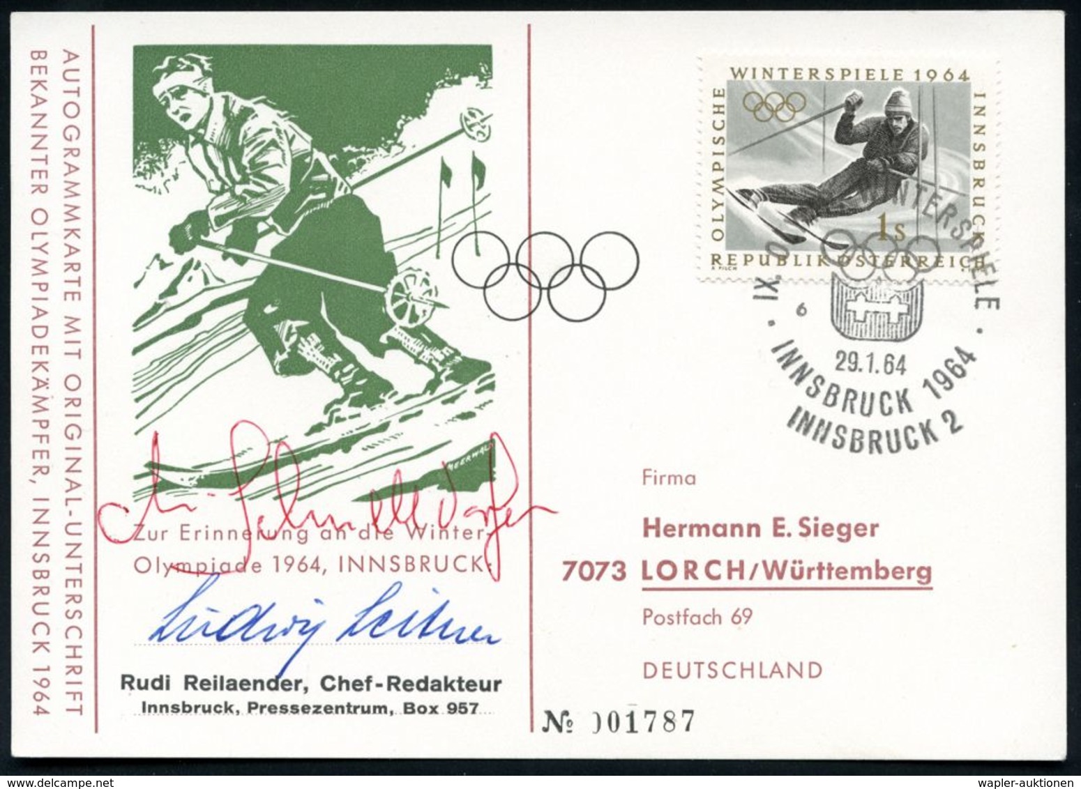 ÖSTERREICH 1961 (29.1.) 1 S. Winter-Olympia, EF = Slalom + Olympia-SSt.: INNSBRUCK 2 Auf Sonder-Kt.: Slalomläufer + 2 Or - Skisport