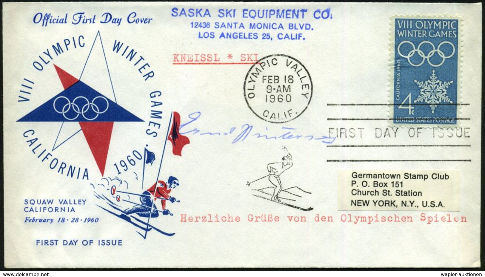 U.S.A. 1960 (18.2.) 4 C. Winter-Olympiade, EF + ET-MWSt + Orig. Autogramm: Ernst Hinterseer = österr. Goldmedaillen-Gewi - Sci