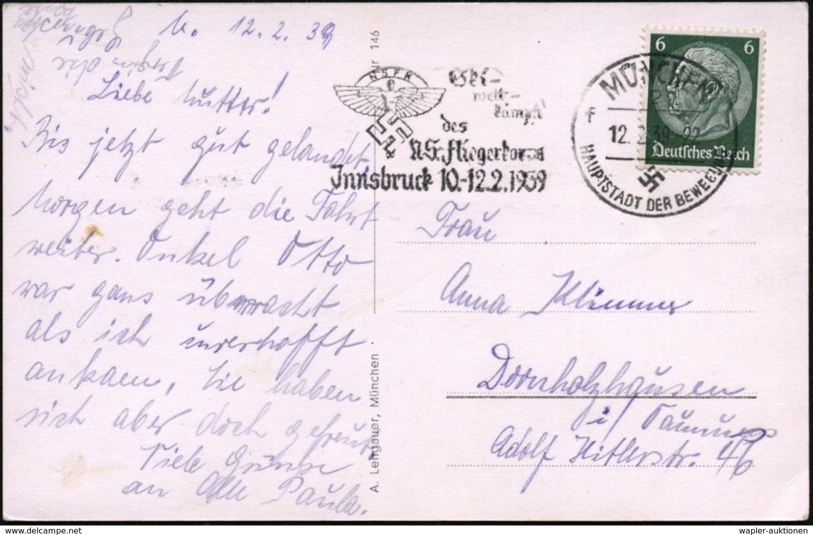 MÜNCHEN/ 2/ F/ HDB/ NSFK/ Ski-/ Wett-/ Kämpfe/ Des/ NS.Fliegerkorps/ Jnnsbruck 10.-12.2. 1939 (12.2.) Seltener MWSt = =  - Sci