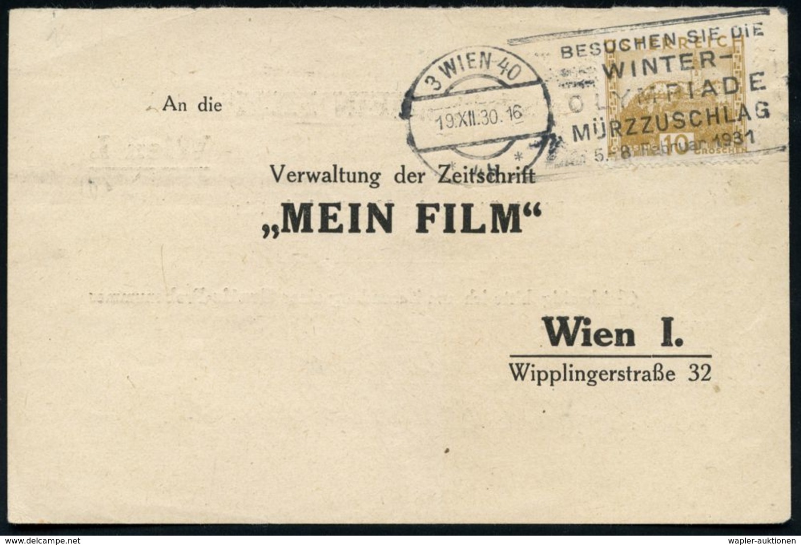 ÖSTERREICH 1930 (24.12.) Seltener MWSt: 3 WIEN 40/*4h*/..WINTER-/OLYMPIADE/MÜRZZUSCHLAG/..Feb.1931 , Klar Gest. Inl.-Fir - Sci