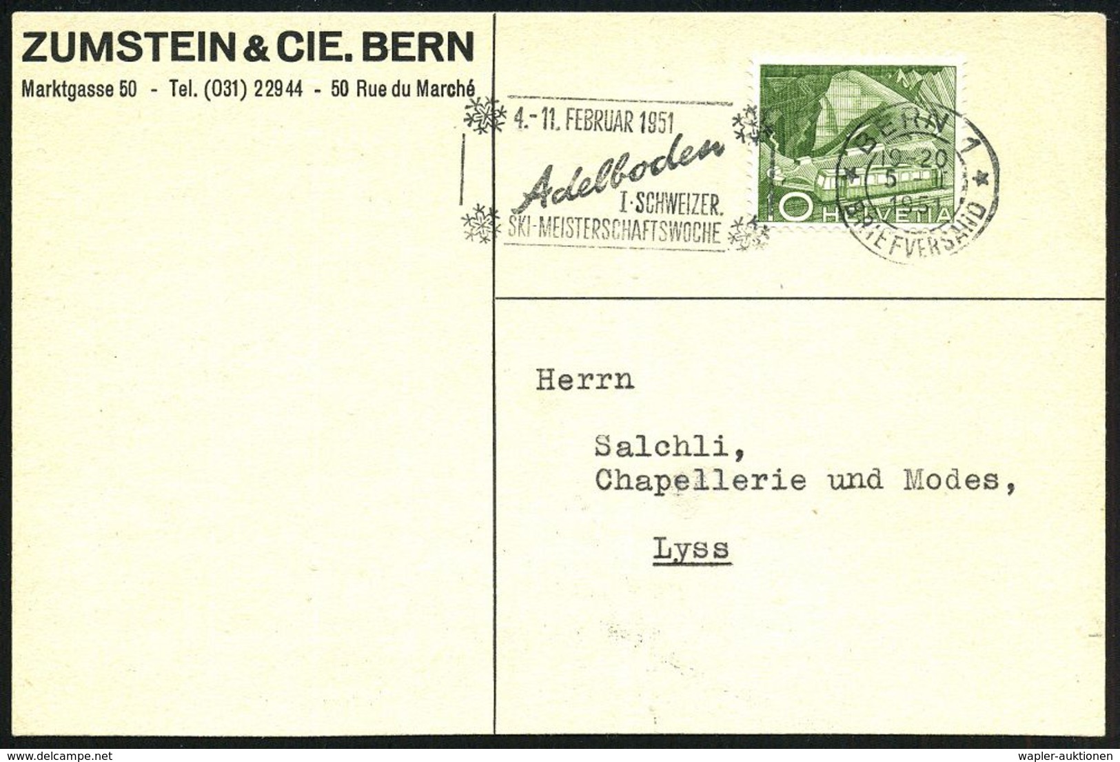 SCHWEIZ 1951 (5.2.) Seltener MWSt: BERN 1/4.-11.FEB./Adelboden/I.SCHWEIZ./SKI-MEISTERSCHAFTSWOCHE (Schneekristalle) Firm - Sci