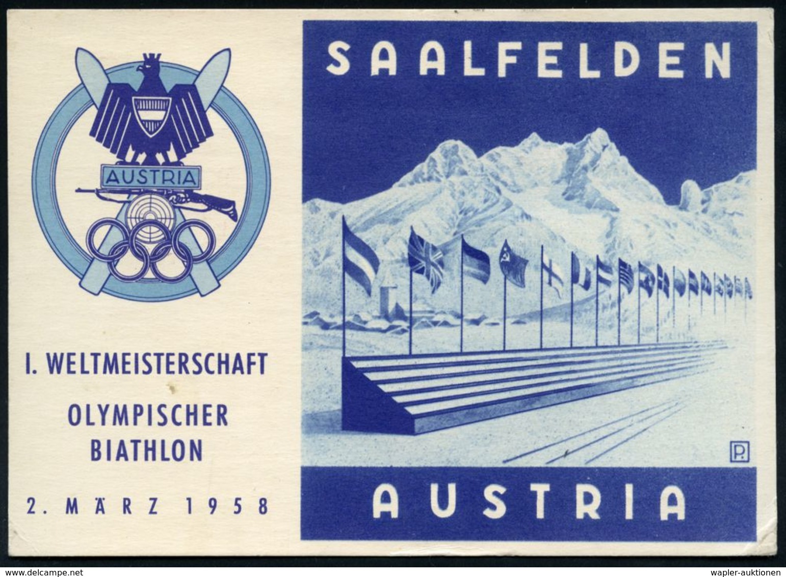 ÖSTERREICH 1958 (März) SSt.: SAALFELDEN STEINERNES MEER/I. W.M. OLYMPISCHER BIATHLON (Gewehr, Zielscheibe, Olymp. Ringe) - Ski