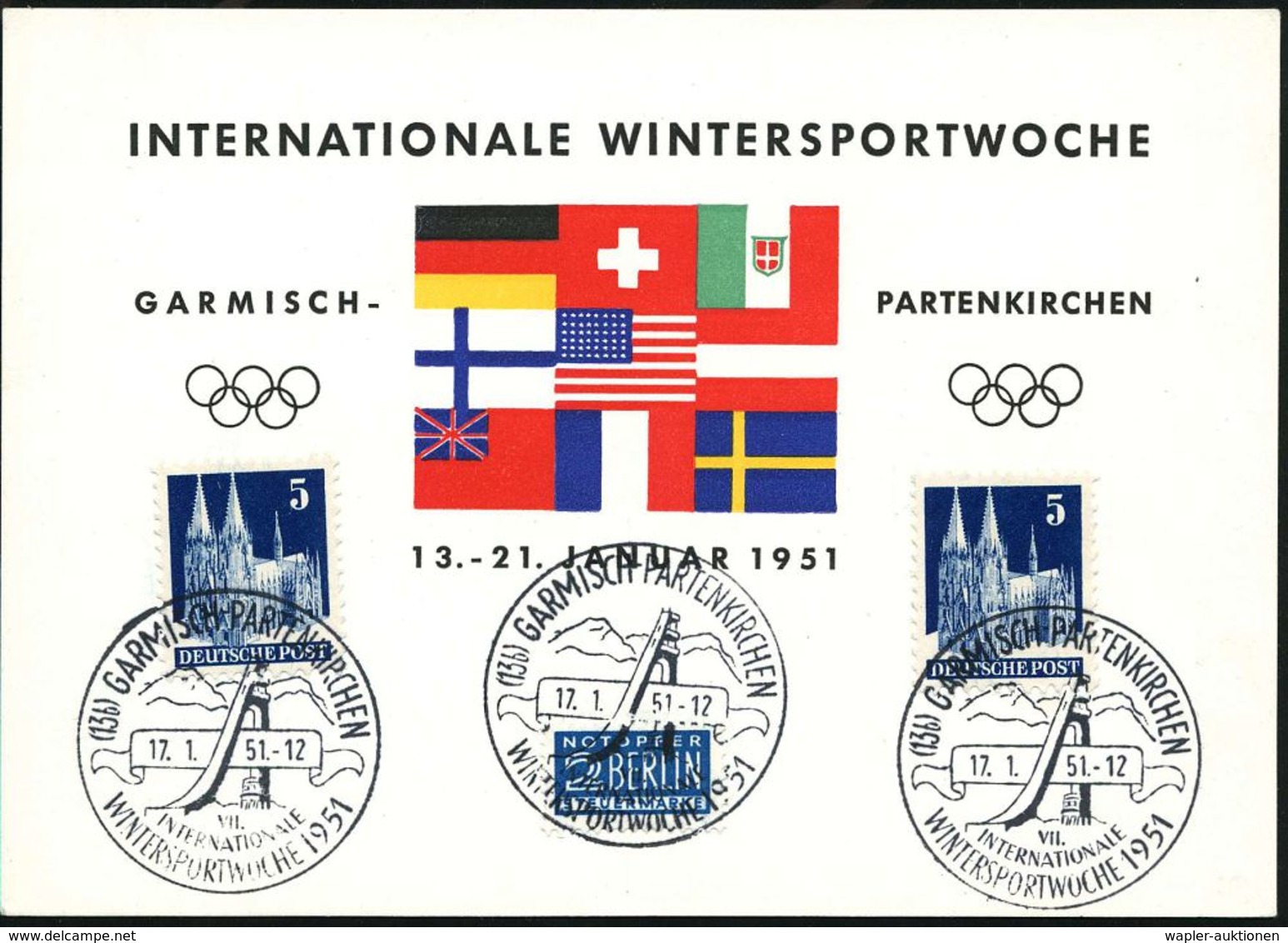 (13b) GARMISCH-PARTENKIRCHEN/ VII./ INT./ WINTERSPORTWOCHE 1951 (17.1.) SSt = Gr. Sprungschanze , 2x Rs., Klar Gest. Inl - Sci