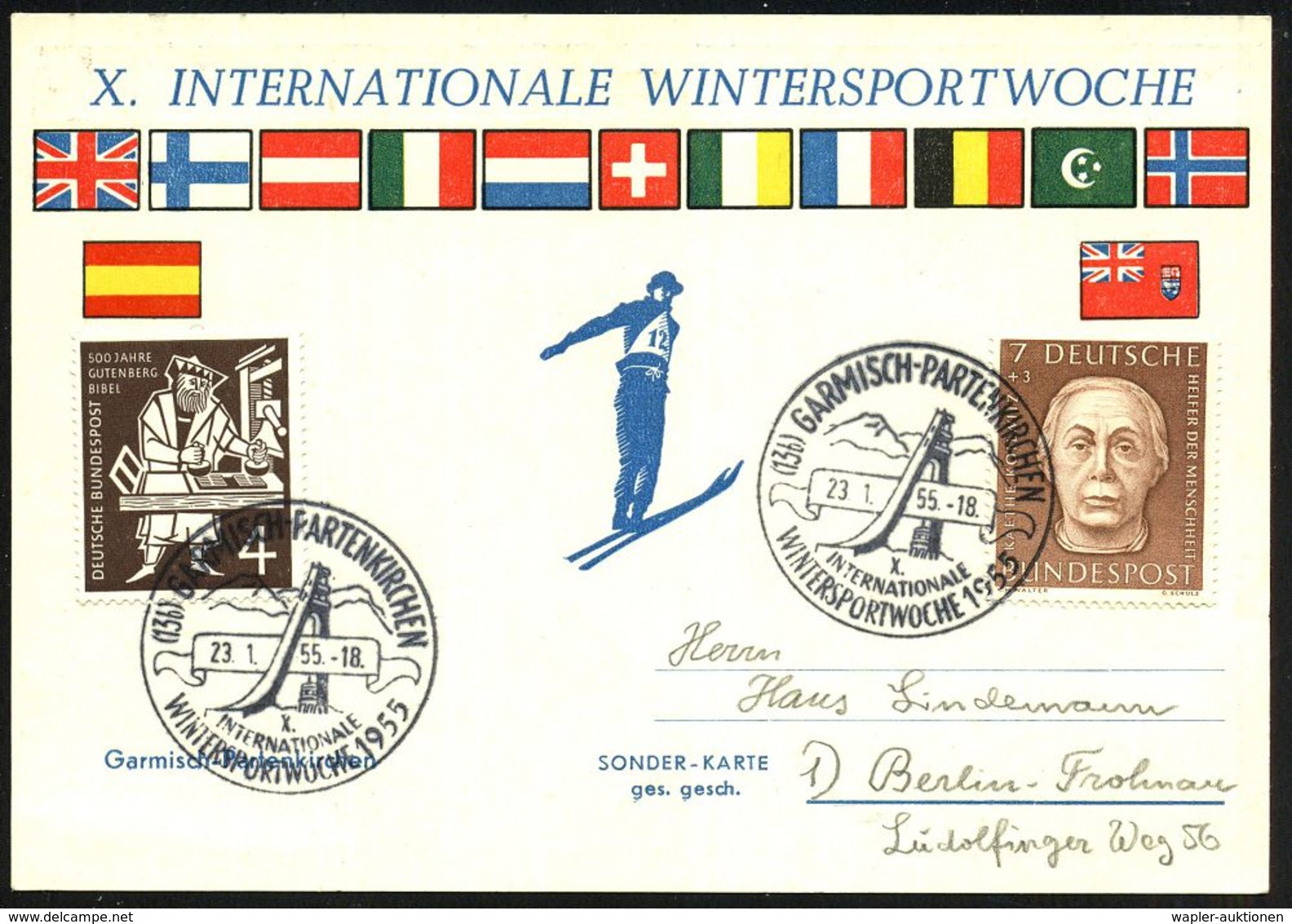(13b) GARMISCH-PARTENKIRCHEN/ X./ INTERNAT./ WINTERSPORTWOCHE 1955 (23.1.) SSt = Gr. Sprungschanze 2x Klar Auf Color-Son - Skisport