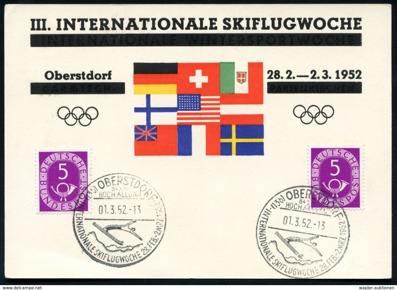 (13b) OBERSTDORF/ INTERNAT.SKIFLUGWOCHE 28.FEB.-2.MRZ. 1952 (1.3.) SSt = Skispringer 2x Rs. Auf Klar Gest. Inl.-Sonder-K - Skiing