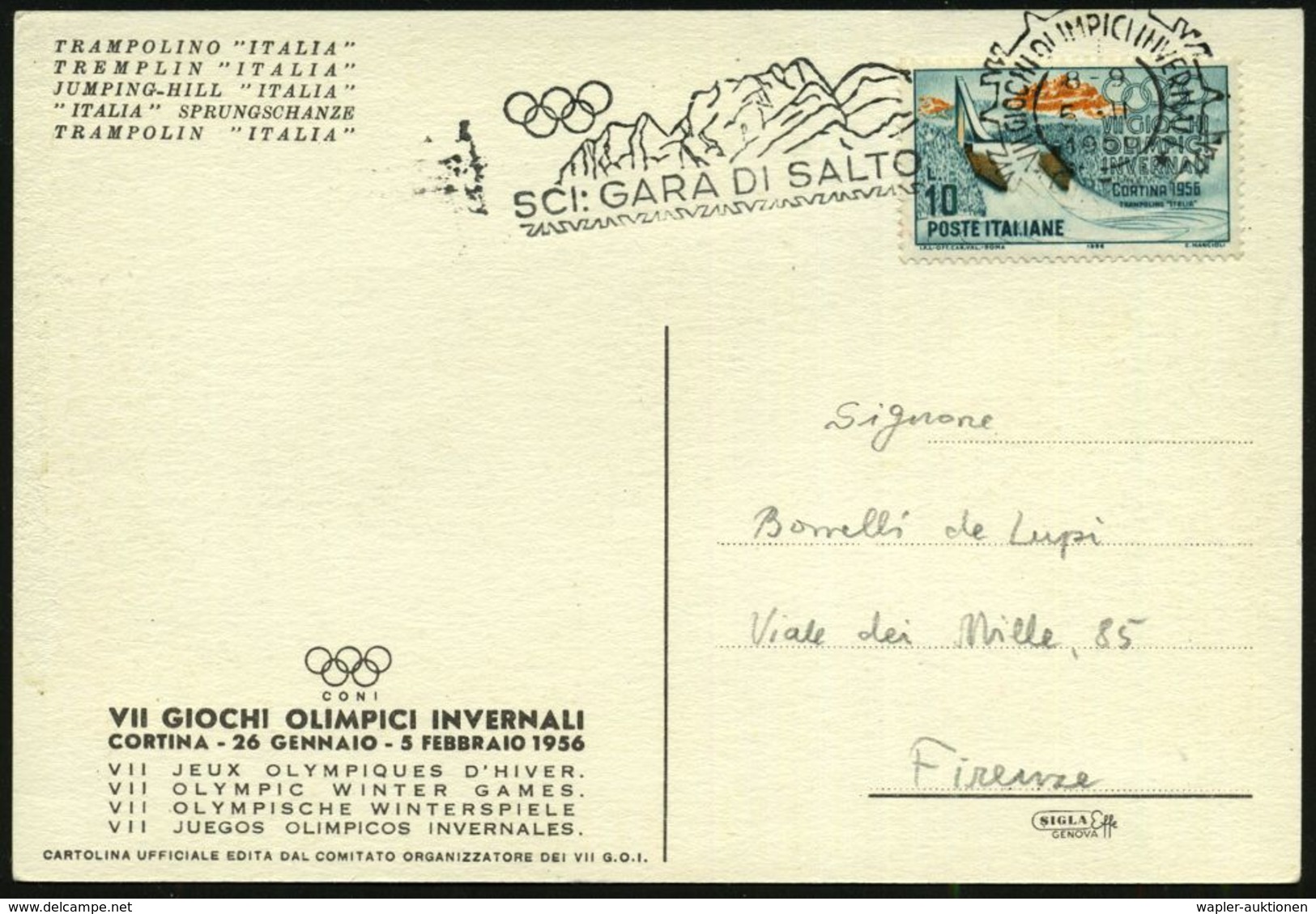 ITALIEN 1956 (5.2.) MWSt.: CORTINA/SCI: GARA DI SALTO (Skispringen) EF 10 L. Olympia-Sprungschanze, Motivgl. Color-Olymp - Skiing