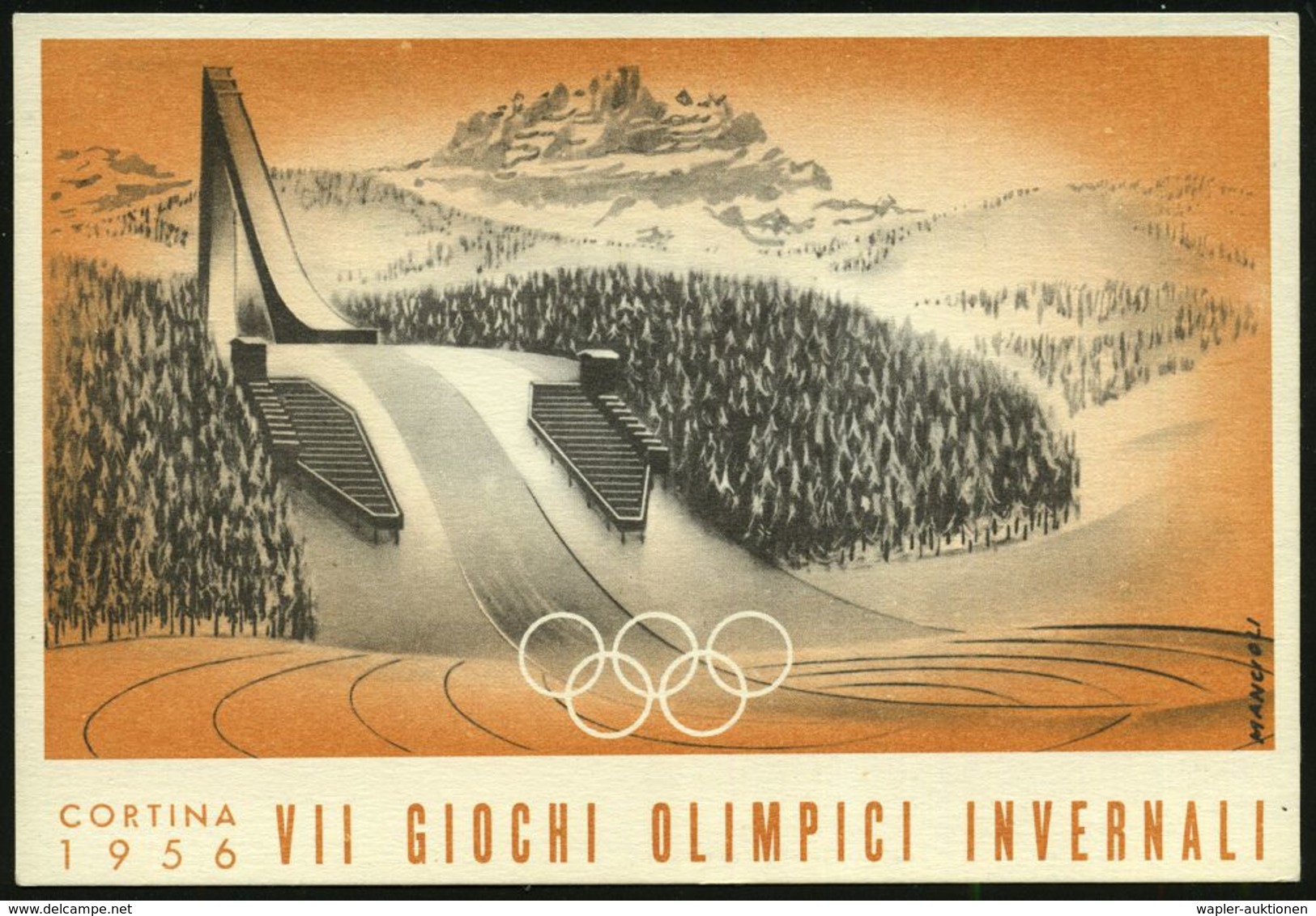 ITALIEN 1956 (5.2.) MWSt.: CORTINA/SCI: GARA DI SALTO (Skispringen) EF 10 L. Olympia-Sprungschanze, Motivgl. Color-Olymp - Ski