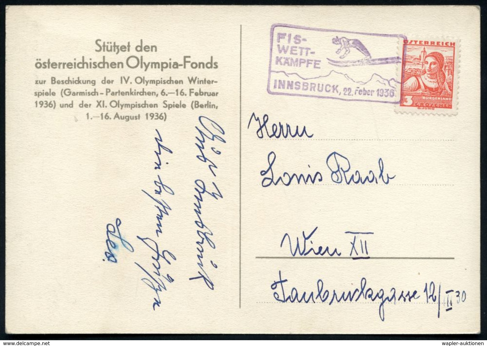 ÖSTERREICH 1936 (22.2.) Viol. SSt.: INNSBRUCK; FIS-/WETT-/KÄMPFE = Skispringer , Klar Gest. Olympia-Fond-Sonderkarte: IV - Skiing