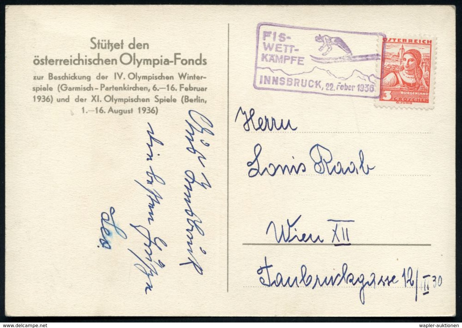 ÖSTERREICH 1936 (22.2.) Viol. SSt.: INNSBRUCK; FIS-/WETT-/KÄMPFE = Skispringer , Klar Gest. Olympia-Fond-Sonderkarte: IV - Sci