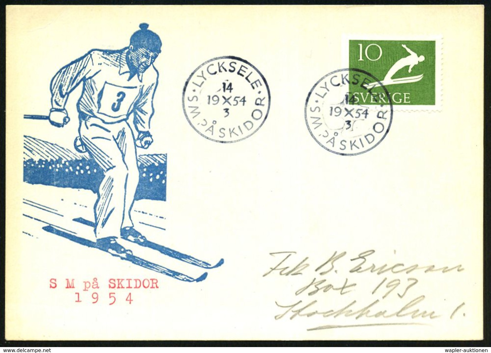 SCHWEDEN 1954 (14.3.) SSt: LYCKSELE/SM PA SKIDOR = (Nordische) Ski-Meisterschaften Klar Auf EF 10 Ö. Skispringer, Klar G - Skisport