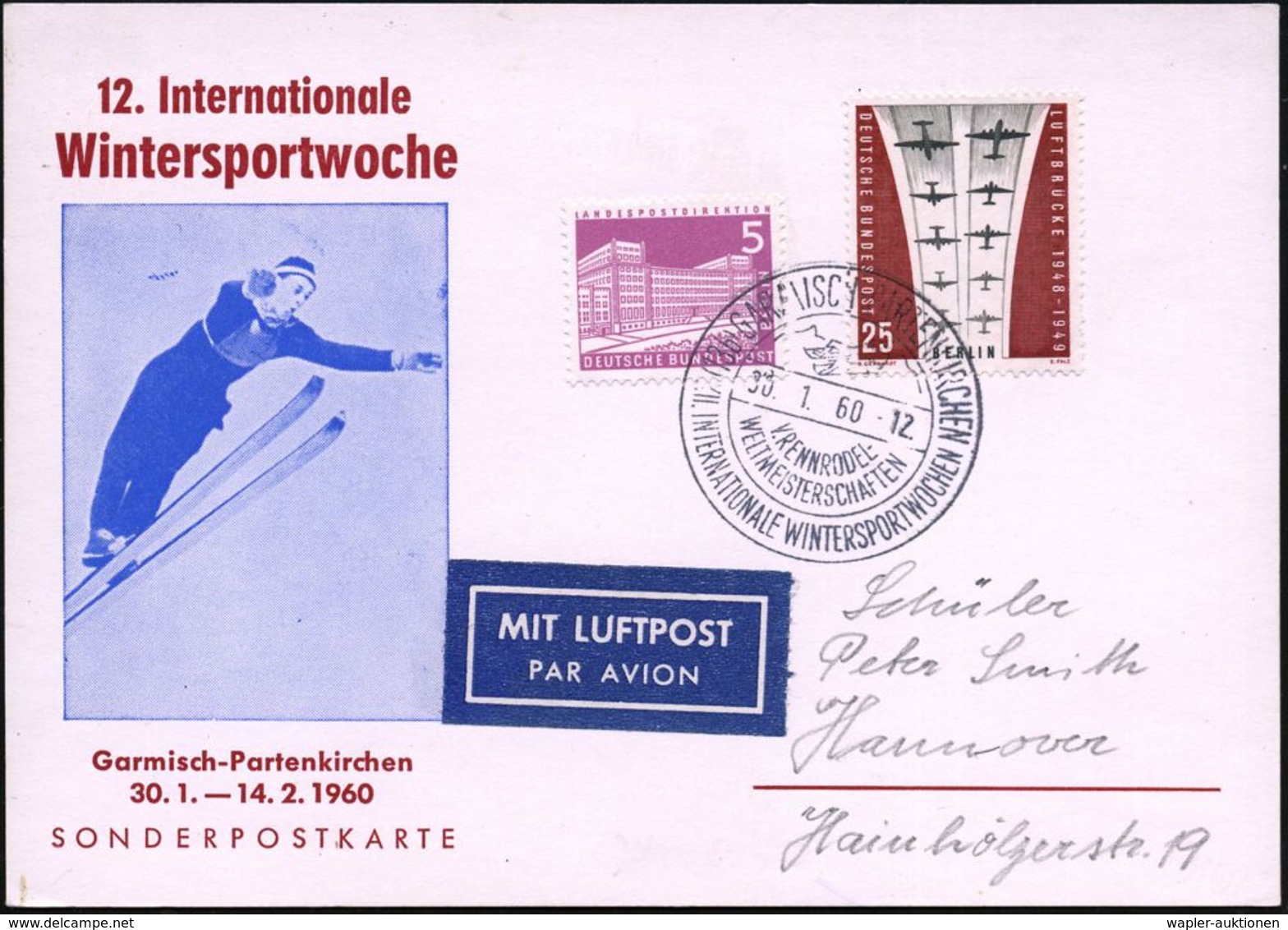 (13b) GARMISCH-PARTENKIRCHEN/ V.RENNRODEL-/ WM/ XII.INT.WINTERSPORTWOCHEN 1960 (30.1.) SSt = Rennrodler (Einer) Klar Auf - Wintersport (Sonstige)