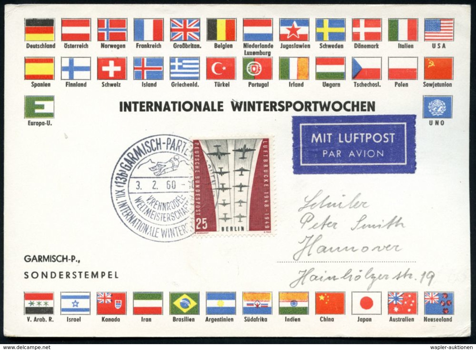 (13b) GARMISCH-PARTENKIRCHEN/ V.RENNRODEL-/ WM/ XII.INT.WINTERSPORTWOCHEN 1960 (3.2.) SSt = Rennrodler (Einer) Klar Auf  - Hiver