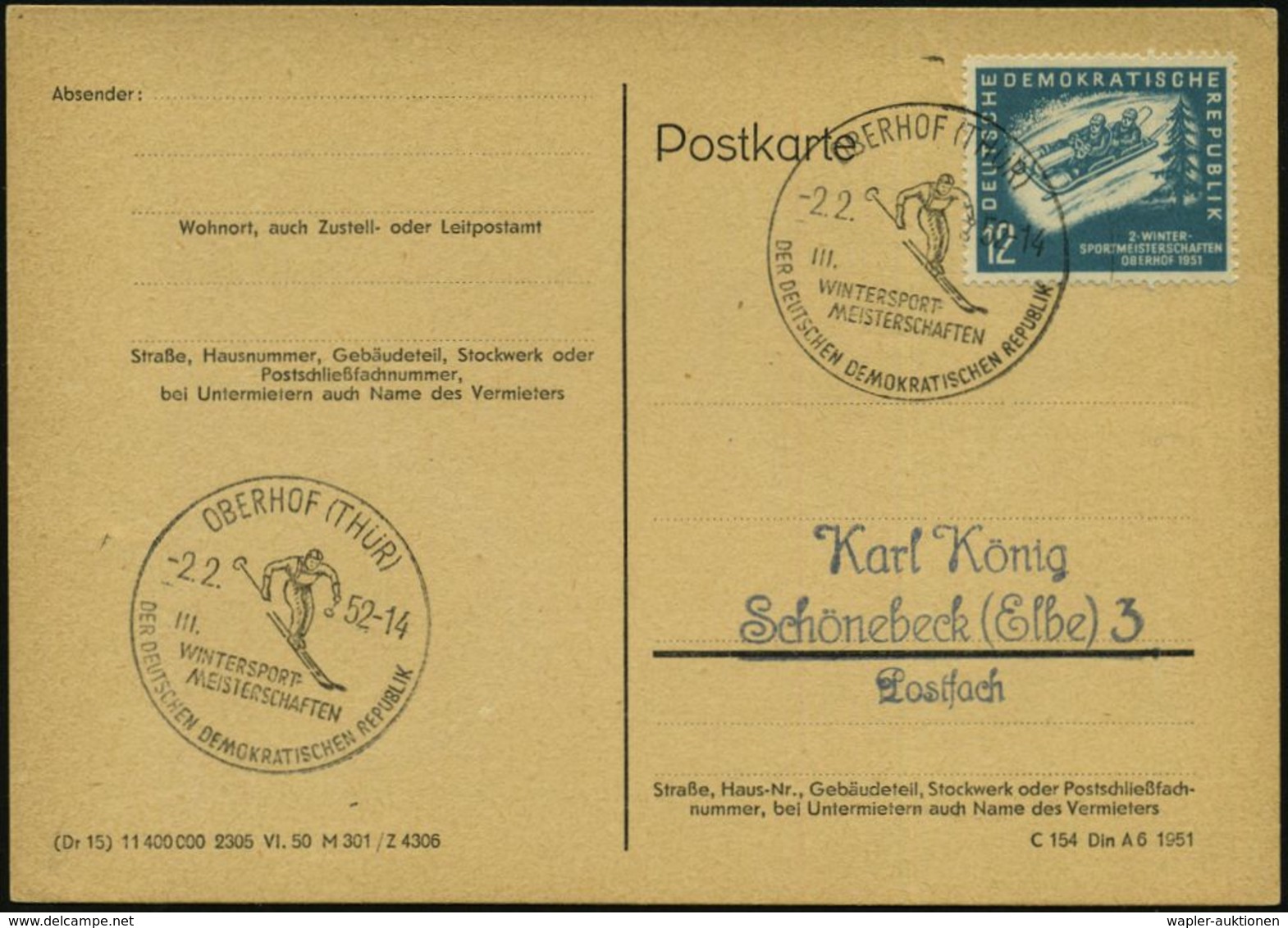 OBERHOF (THÜR)/ III./ WINTERSPORT-/ MEISTERSCHAFTEN/ DER DDR 1952 (2.2.) SSt (Abfahrtsläufer) Auf Passender EF 12 Pf. "W - Wintersport (Sonstige)