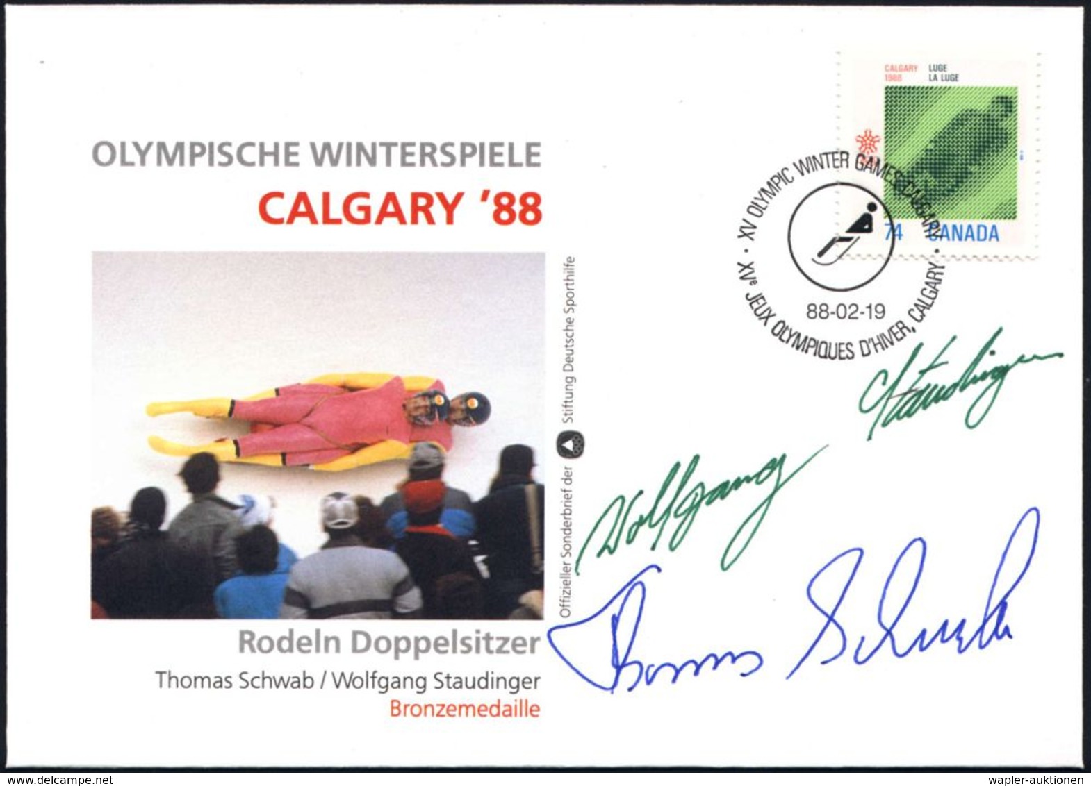 B.R.D./  CANADA 1988 (19.2.) 74 C. Olympia M.Rodel-SSt: CALGARA Auf Olympia-SU: Rodeln, Bronze: Thomas Schwab, W. Staudi - Inverno