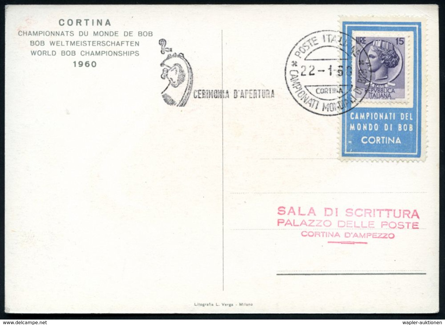 ITALIEN 1960 (22.1.) FaWSt: CORTINA/ CAMPIONATI MONDIALI DI BOB/CERIMONIA D'APERTURA = Eröffnungsfeier = Bob-WM , Franka - Hiver