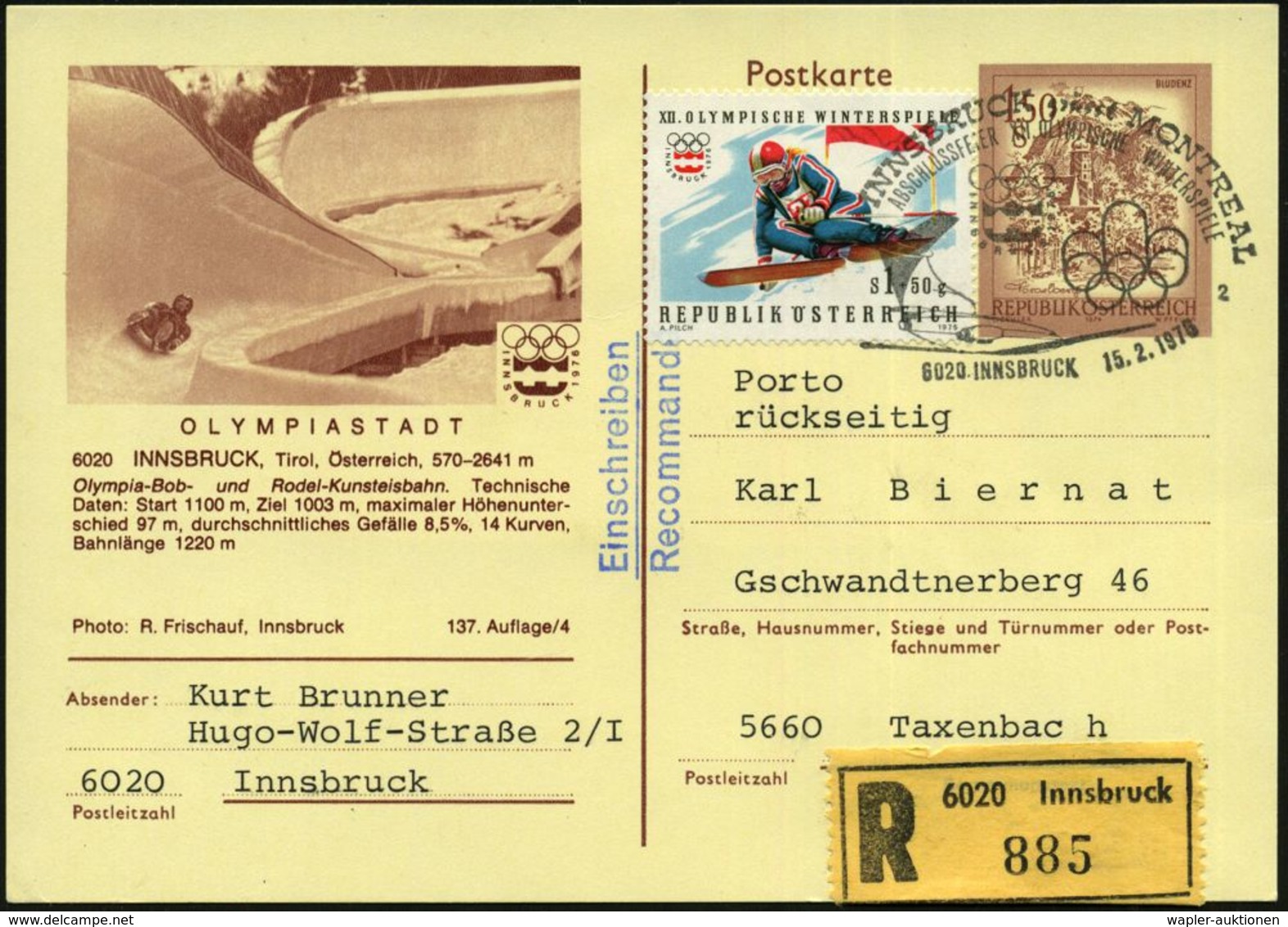 ÖSTERREICH 1976 (15.2.) 1,50 S. Sonder-BiP "Winterolympiade Inndsbruck": Rodeln + Olympiade 1 S.+ 50 G. + Rs. Paar 4 S.+ - Hiver