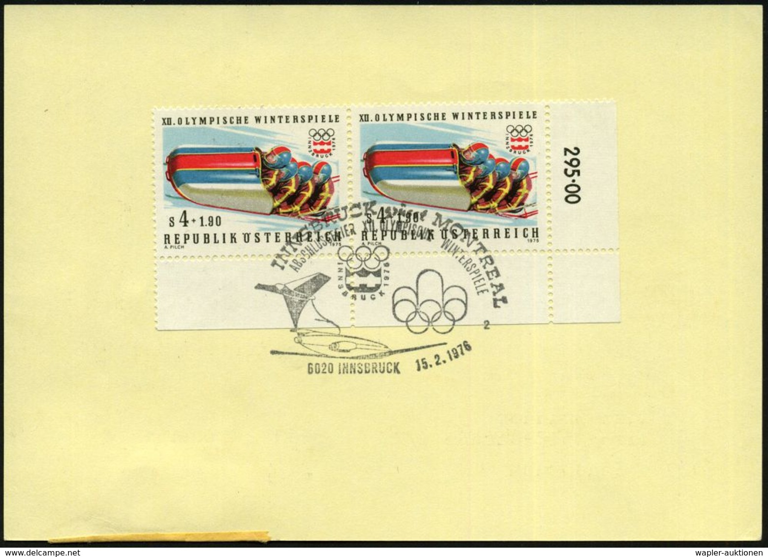 ÖSTERREICH 1976 (15.2.) 1,50 S. Sonder-BiP "Winterolympiade Inndsbruck": Rodeln + Olympiade 1 S.+ 50 G. + Rs. Paar 4 S.+ - Invierno