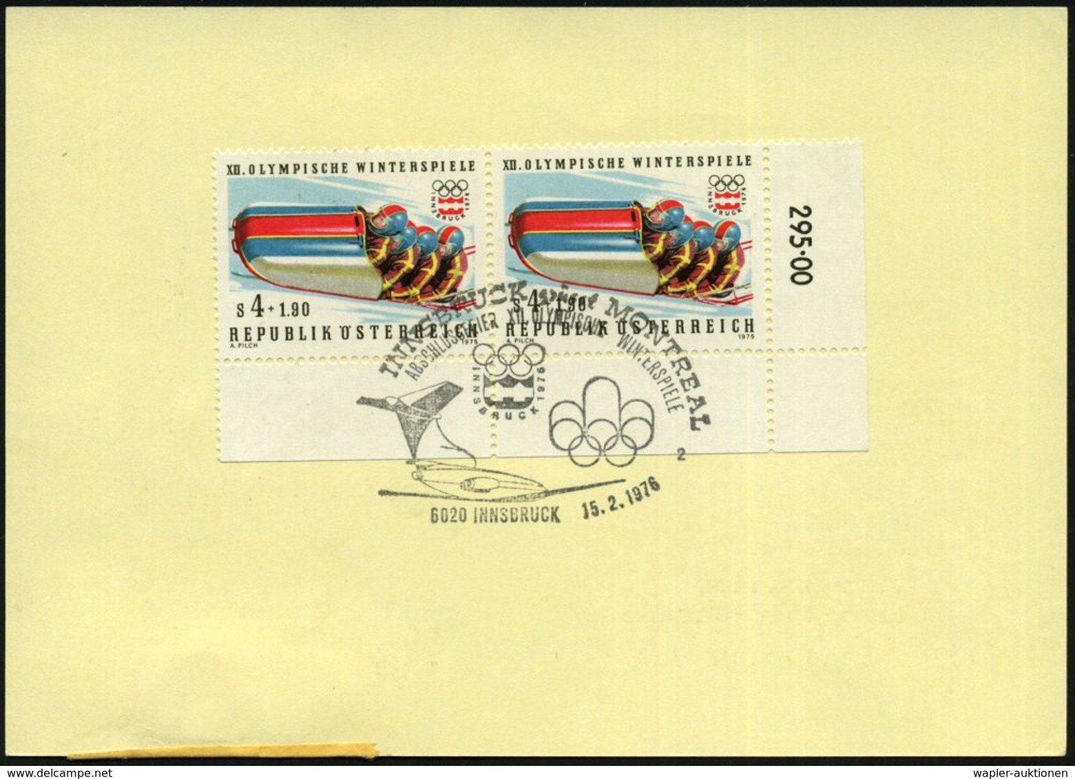 ÖSTERREICH 1976 (15.2.) 1,50 S. Sonder-BiP "Winterolympiade Inndsbruck": Rodeln + Olympiade 1 S.+ 50 G. + Rs. Paar 4 S.+ - Winter (Varia)