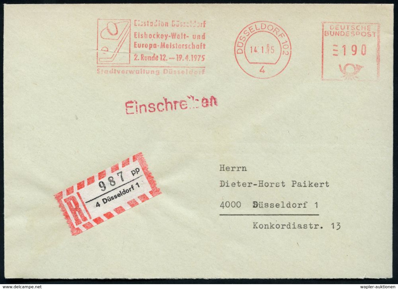 4 DÜSSELDORF 102/ ..Eishockey-Welt-u./ EM/ 2.Runde../ Stadtverwaltung... 1975 (14.1.) AFS 190 Pf. (Logo) + RZ: 4 Düsseld - Hockey (Ice)