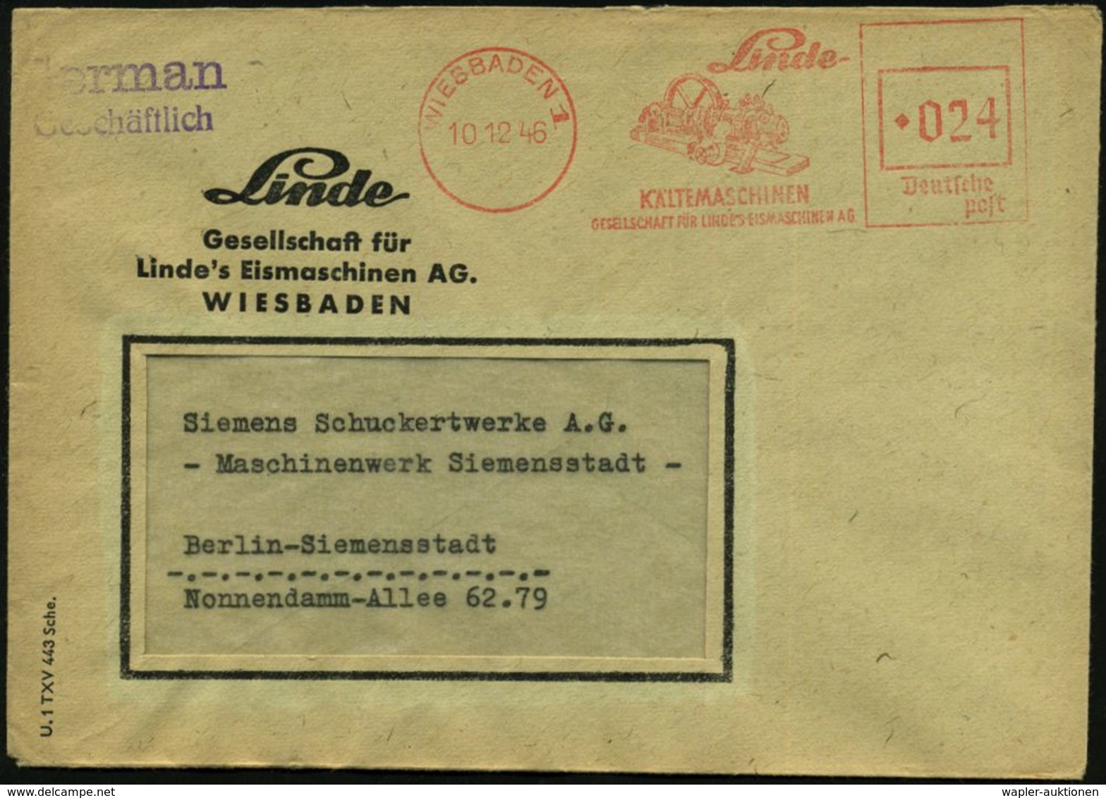 WIESBADEN 1/ Linde/ KÄLTEMASCHINEN/ GESELLSCHAFT FÜR LINDE'S EISMASCHINEN AG 1946 (10.12.) Aptierter AFS = NS-Adler Entf - Hockey (Ijs)