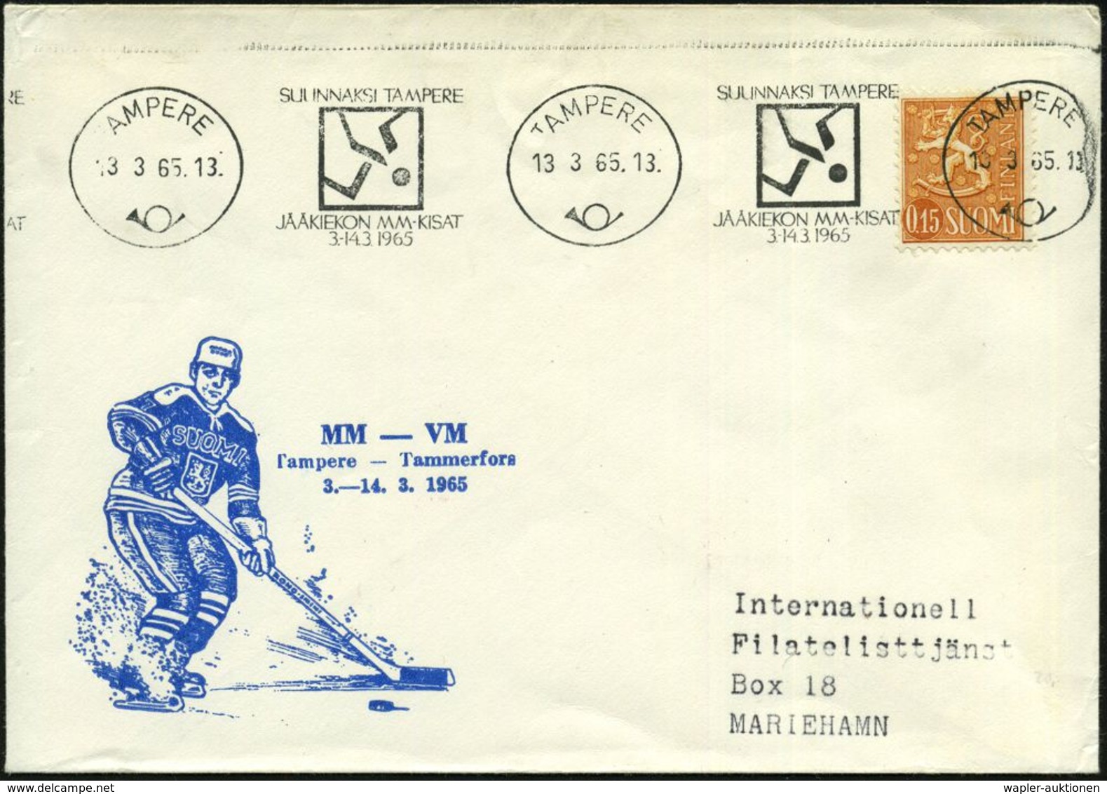 FINNLAND 1965 (13.3.) Bd.MWSt.: TAMPERE/.../JÄÄKIEKON MM-KISAT/3.-14.3 = Eishockey-WM = 3 Schläger + 1 Puck , Klar Gest. - Hockey (su Ghiaccio)