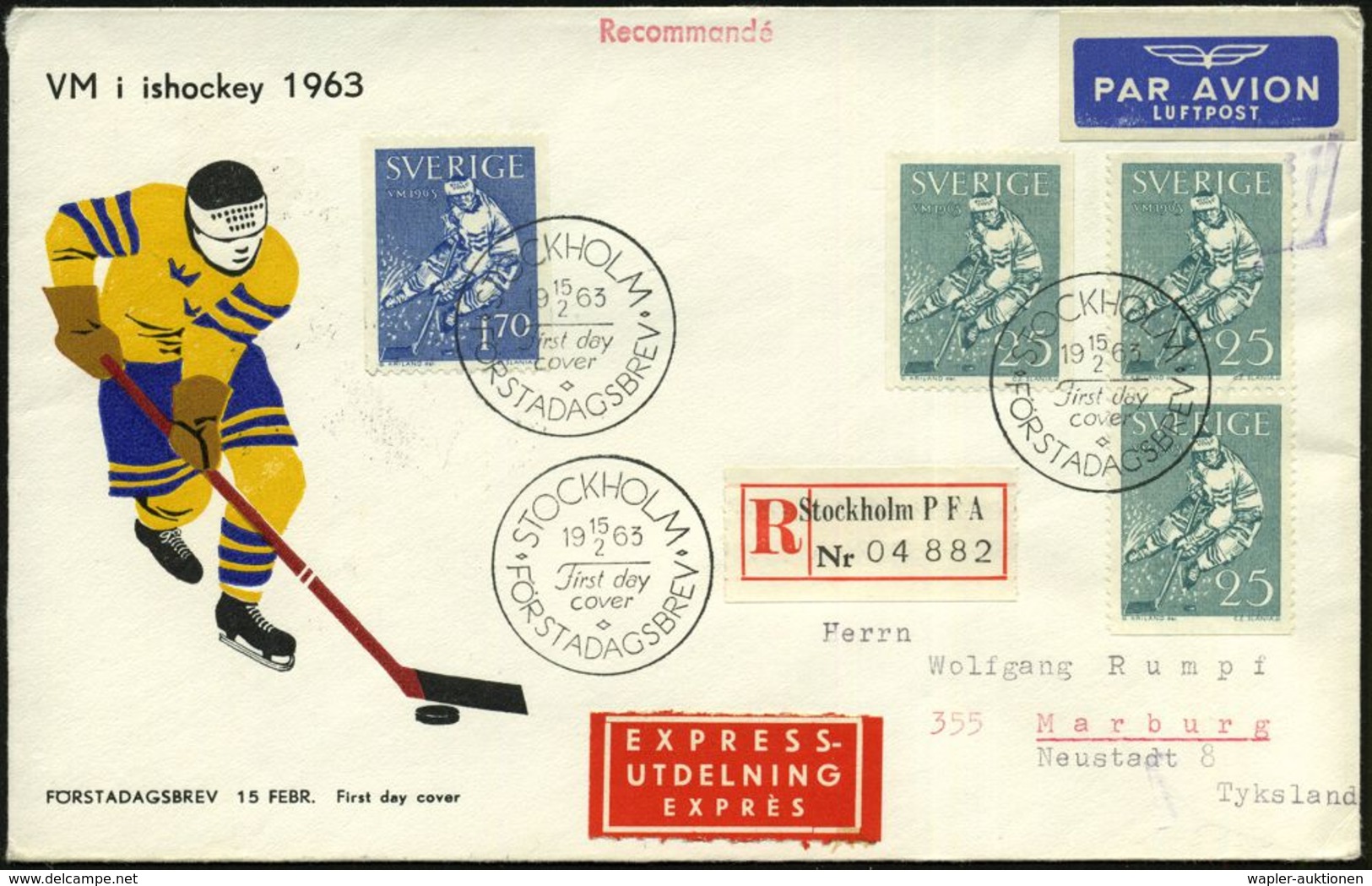 SCHWEDEN 1963 (15.2.) Eishockey-WM, überkompl. Satz (4 Marken)  ET-SSt + Sonder-RZ: Stockholm  P F A, Dekorat. Ausl.-Eil - Hockey (Ijs)