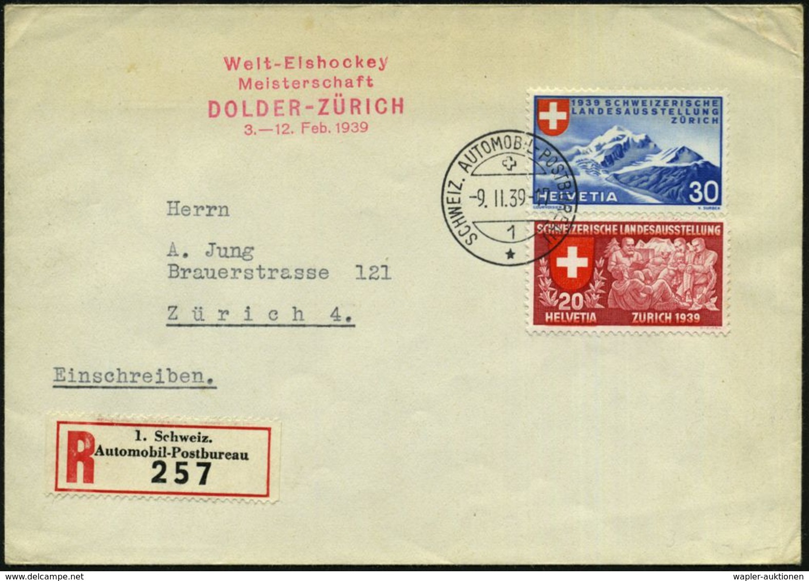 SCHWEIZ 1939 (9.2.) Roter HdN: Welt-Eishockey/Meisterschaft/ DOLDER-ZÜRICH + 1K: AUTO-PA Nr.1 + Sonder-RZ: 1. Schweiz./  - Hockey (Ice)