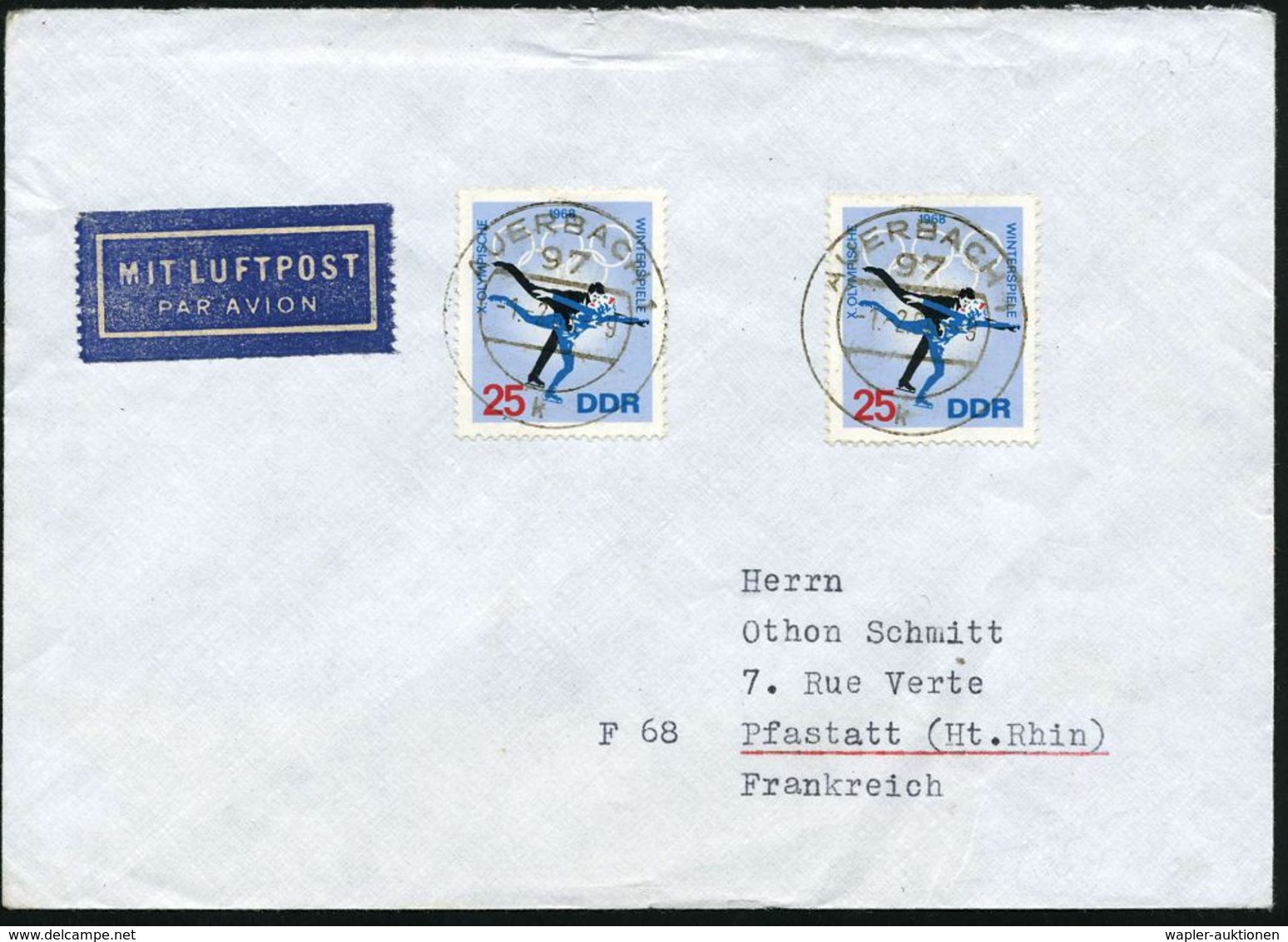 D.D.R. 1968 (1.2.) 25 Pf. "X. Olymp. Winterspiele" Paar-Eiskunstlauf, Reine MeF : 2 Stück , Klar Gest. Ausl.-Flp.-Bf.  ( - Pattinaggio Artistico