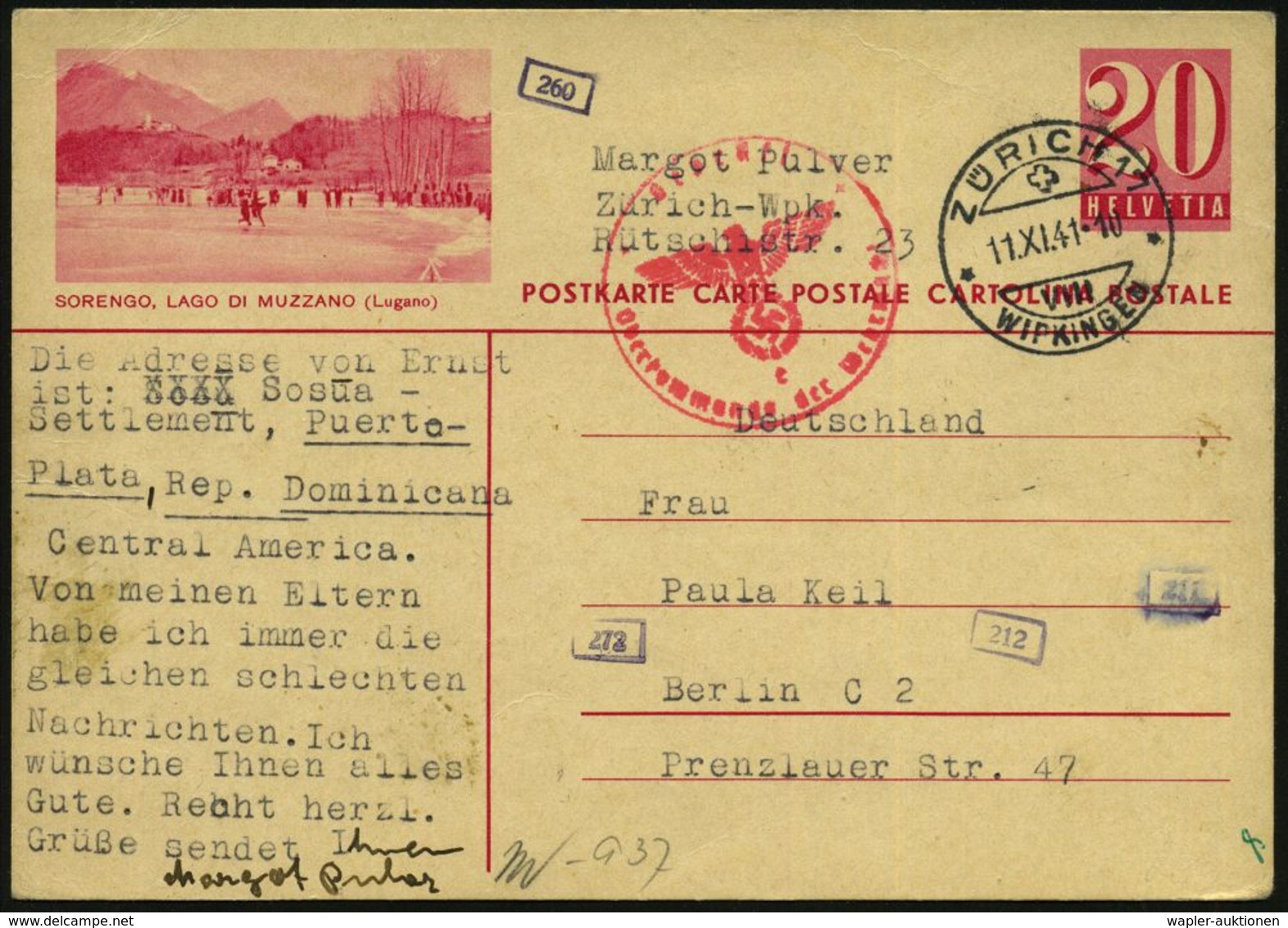 SCHWEIZ 1941 (11.11.) 20 C. Ziffer BiP, Rosa: SORENGO, LAGO DIE MZZANO = Eislauf-Paar , 1K: ZÜRICH 17 + Roter Eingangs-Z - Pattinaggio Artistico