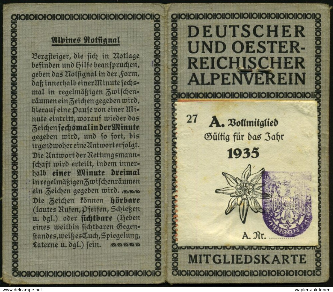 Berlin-Wilmersdorf 1935 Orig. Mitgliedsausweis "DEUTSCHER U. OESTERR. ALPENVEREIN" Mit Lichtbild , Vs. Edelweiß-Logo, Vi - Escalade