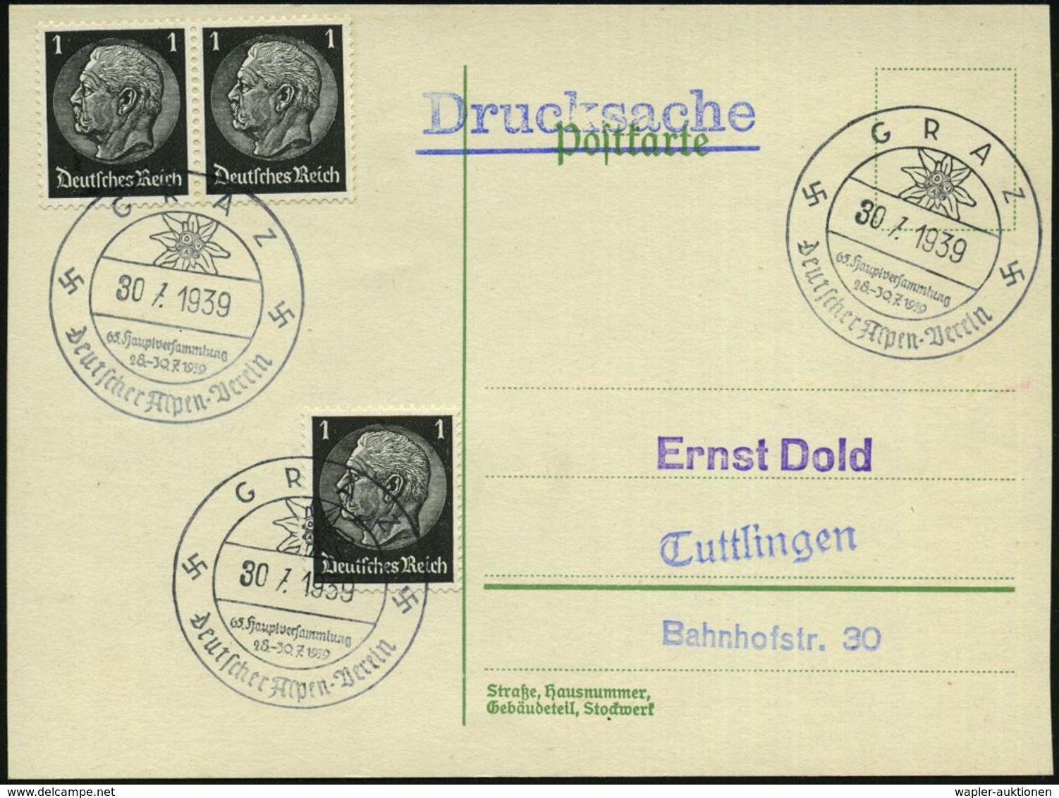 GRAZ/ 65.Hauptversammlung/ Deutscher Alpen-Verein 1939 (30.7.) Gesuchter SSt = Edelweiß , 3x Klar Gest. Inl.-Kt. (Bo.11) - Klimmen