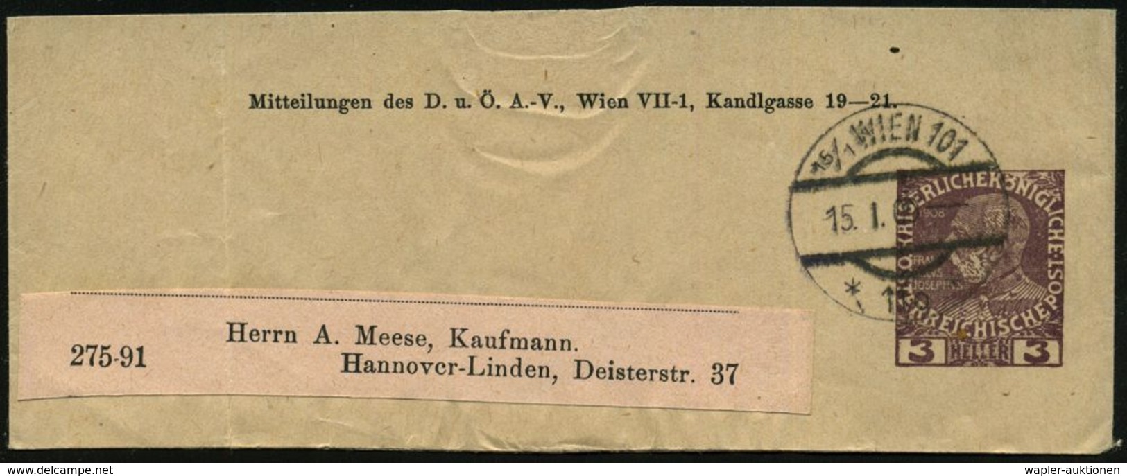 ÖSTERREICH 1909 (15.1.) 3 H. Privat-Zeitungs-Sb KFJ-Jubiläum, Viol.: Mitteilungen Des D. U. Ö. A.-V., Wien..  O H N E  V - Escalade