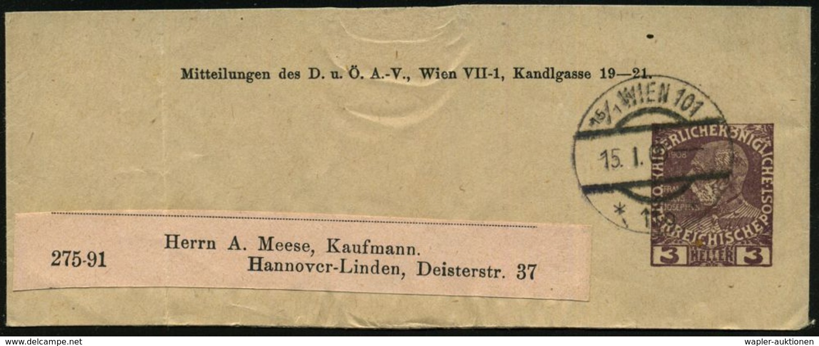 ÖSTERREICH 1909 (15.1.) 3 H. Privat-Zeitungs-Sb KFJ-Jubiläum, Viol.: Mitteilungen Des D. U. Ö. A.-V., Wien..  O H N E  V - Arrampicata