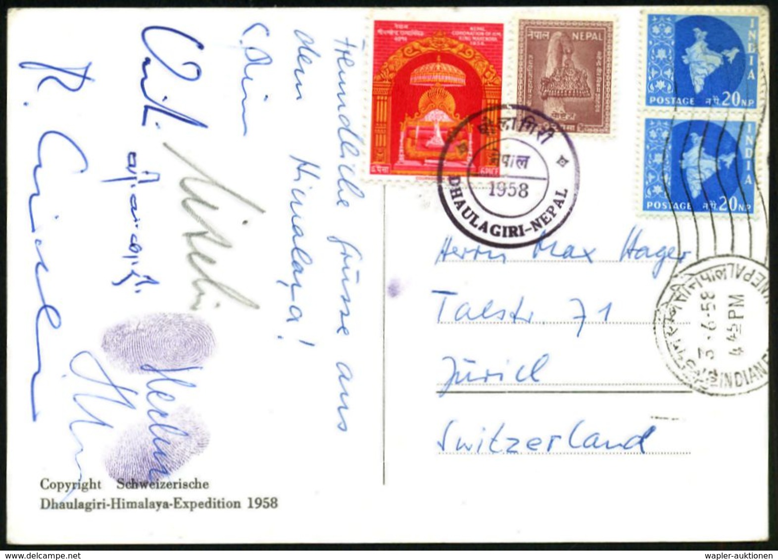 INDIEN /  NEPAL /  SCHWEIZ 1958 (Juni) SchweizER. Dhaulagiri-Exped., Künstler-Expeditions-Sonder-Kt. Mit 7 Details, MiF  - Arrampicata